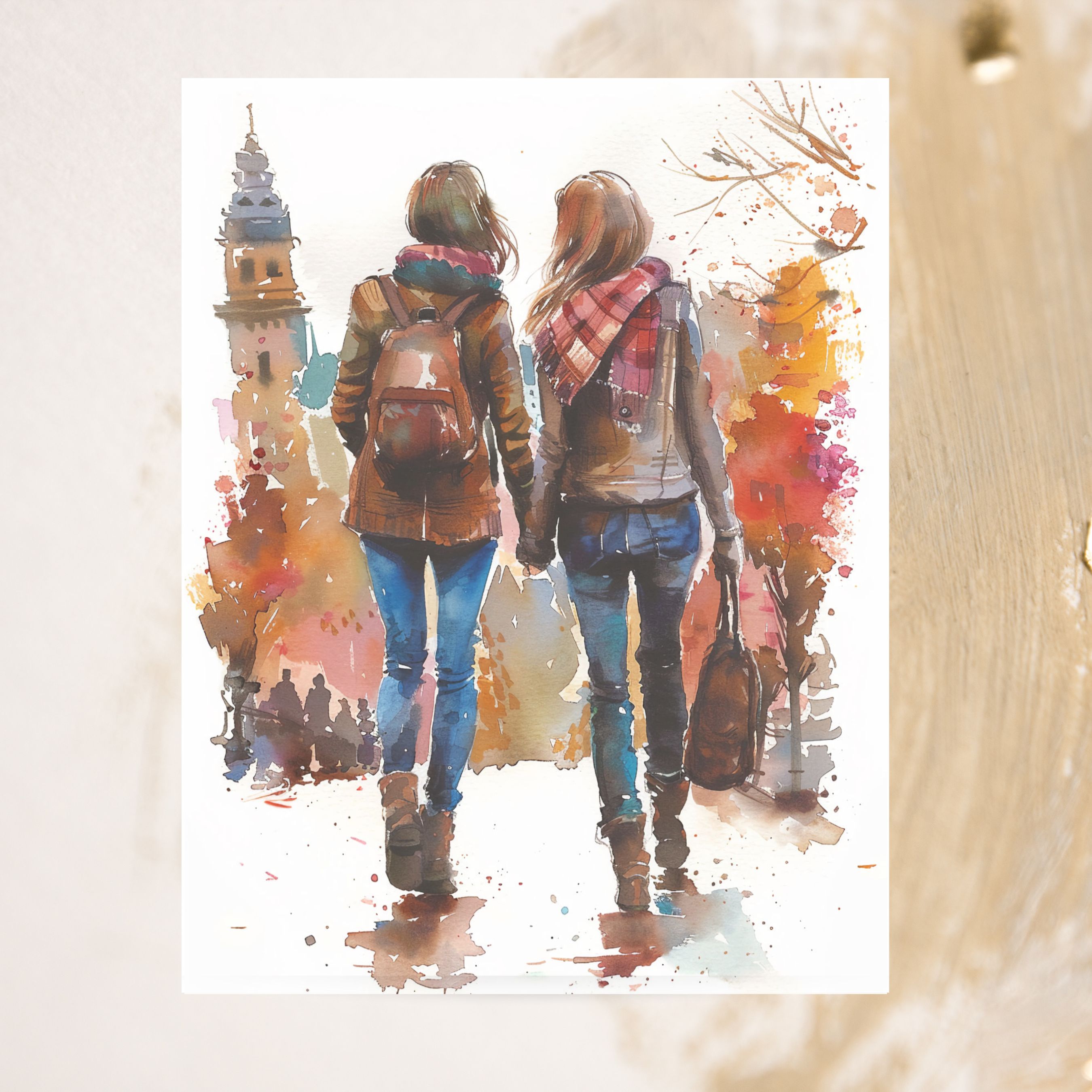 Autumn Stroll, Partners in the City, Cozy Watercolor, Urban Adventure, Note, Thank You, Birthday, Invitation, Anniversary, Watercolor Greeting Card