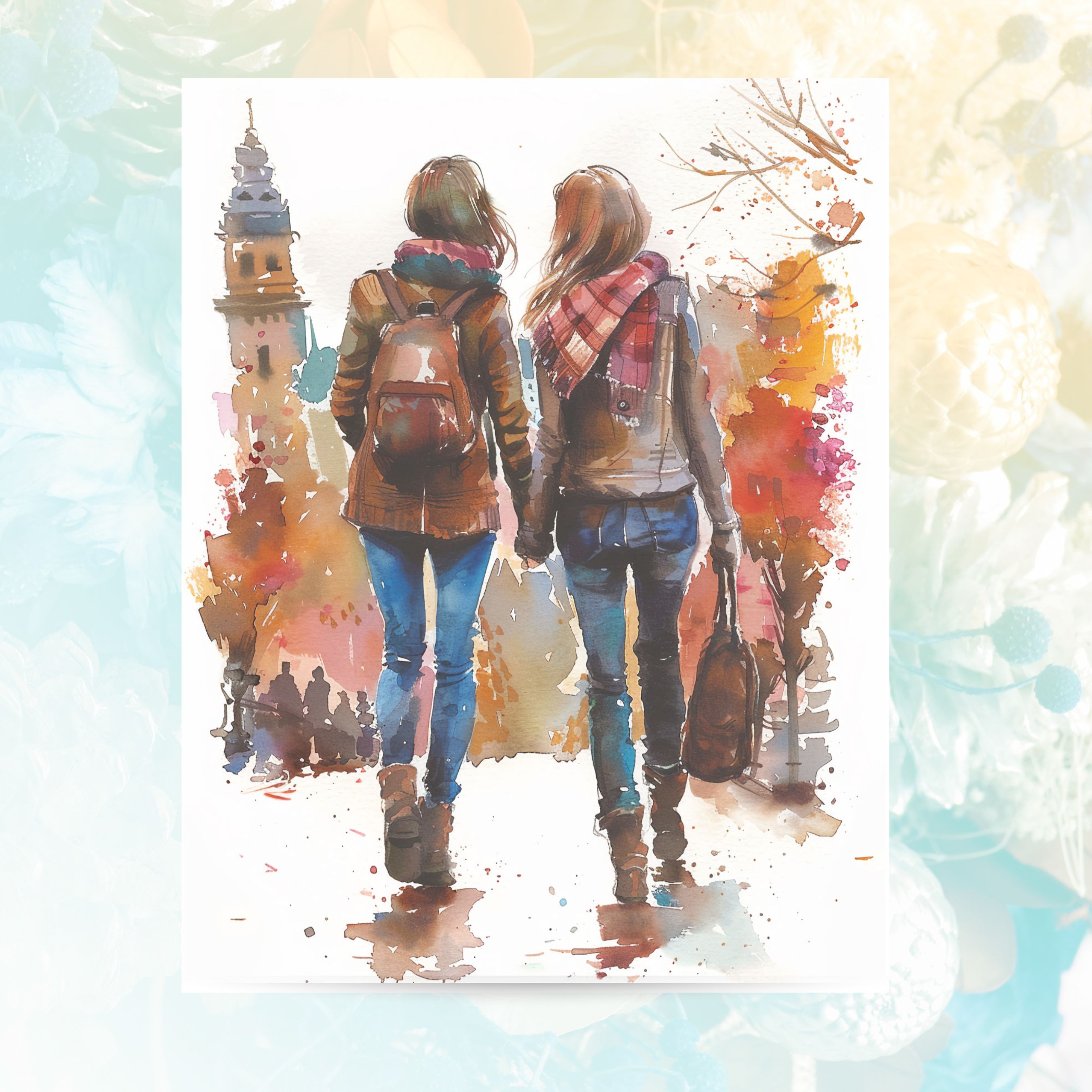 Autumn Stroll, Partners in the City, Cozy Watercolor, Urban Adventure, Note, Thank You, Birthday, Invitation, Anniversary, Watercolor Greeting Card