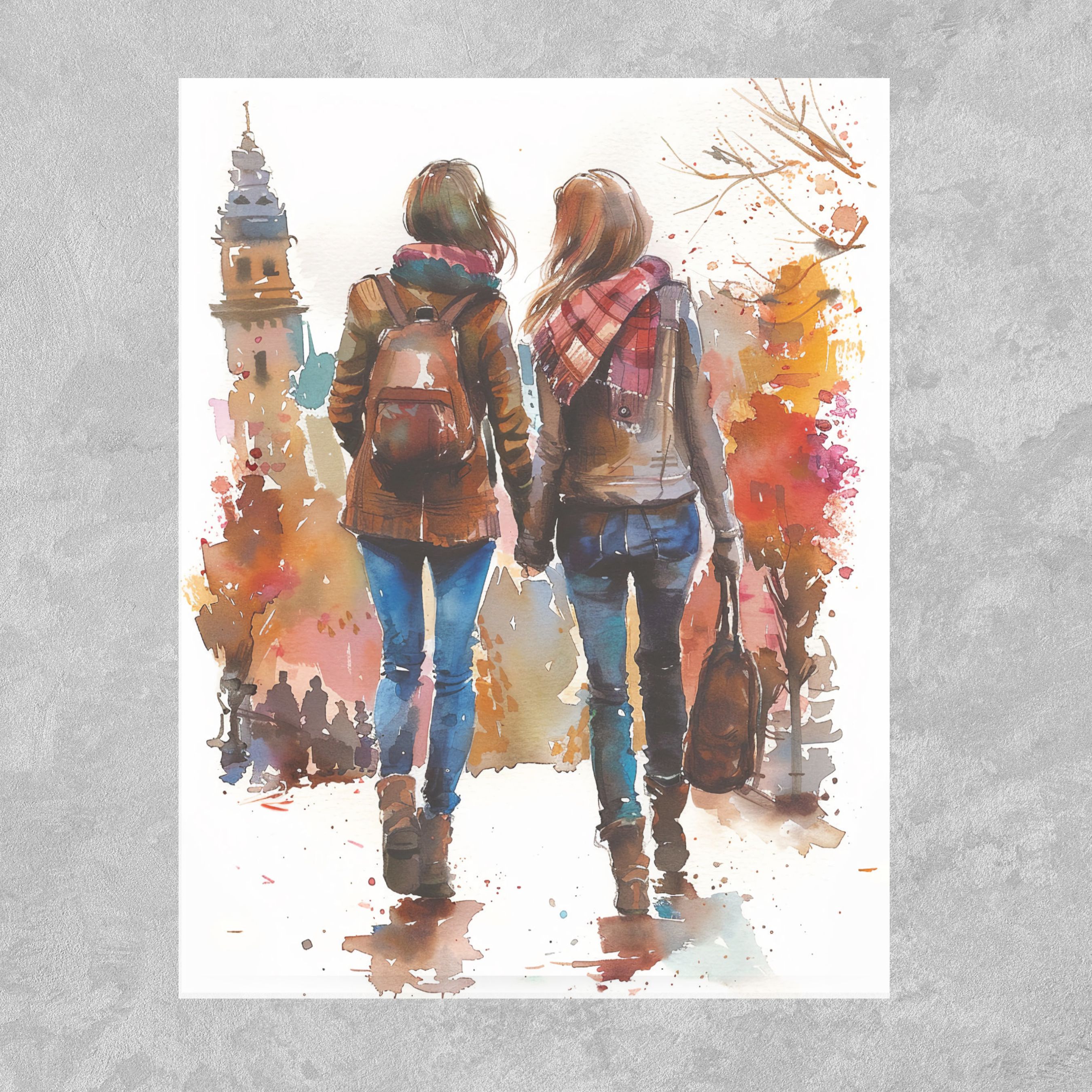 Autumn Stroll, Partners in the City, Cozy Watercolor, Urban Adventure, Note, Thank You, Birthday, Invitation, Anniversary, Watercolor Greeting Card