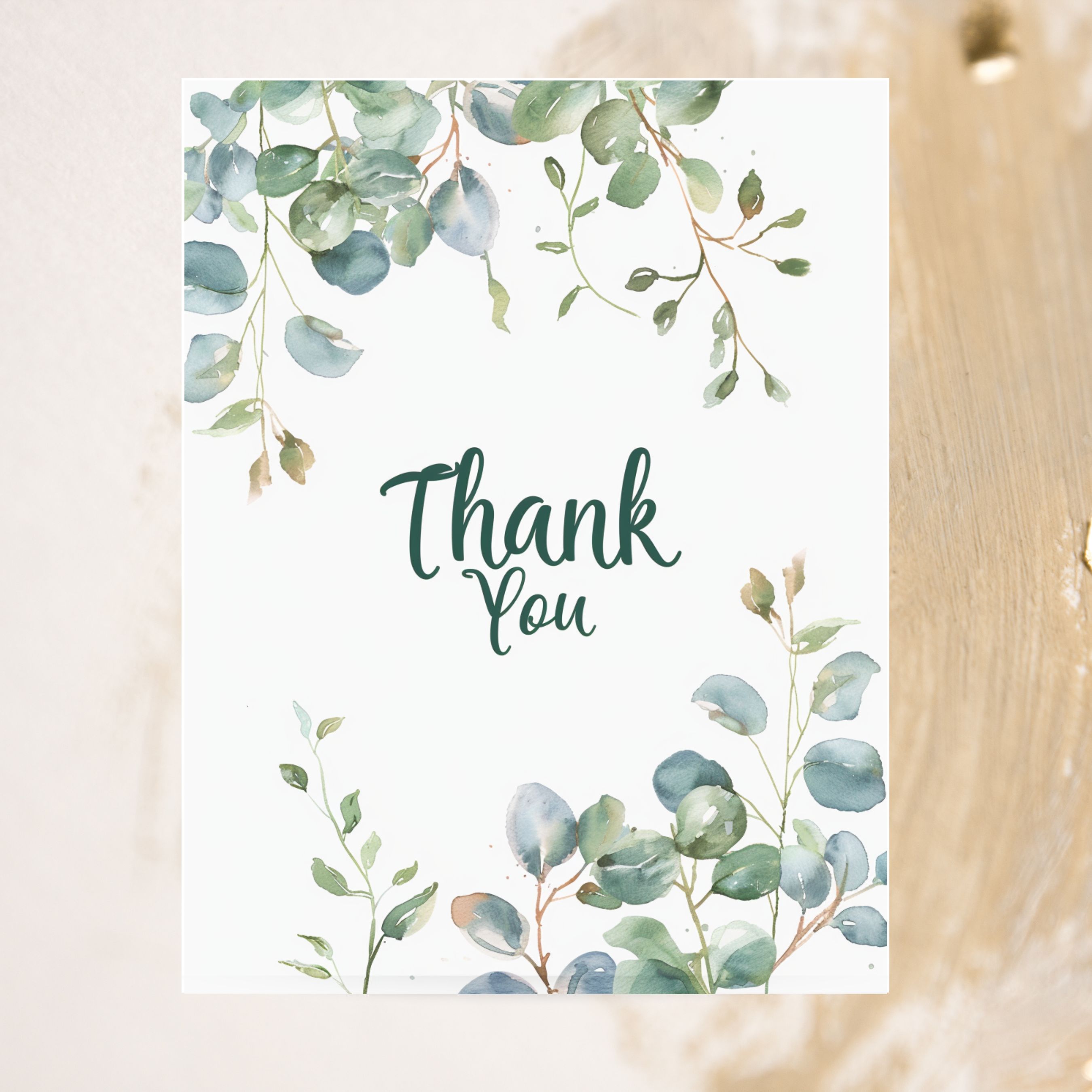 Greenery Thank You Card, Watercolor Eucalyptus Design, Elegant Appreciation Note, Handmade Greeting Card