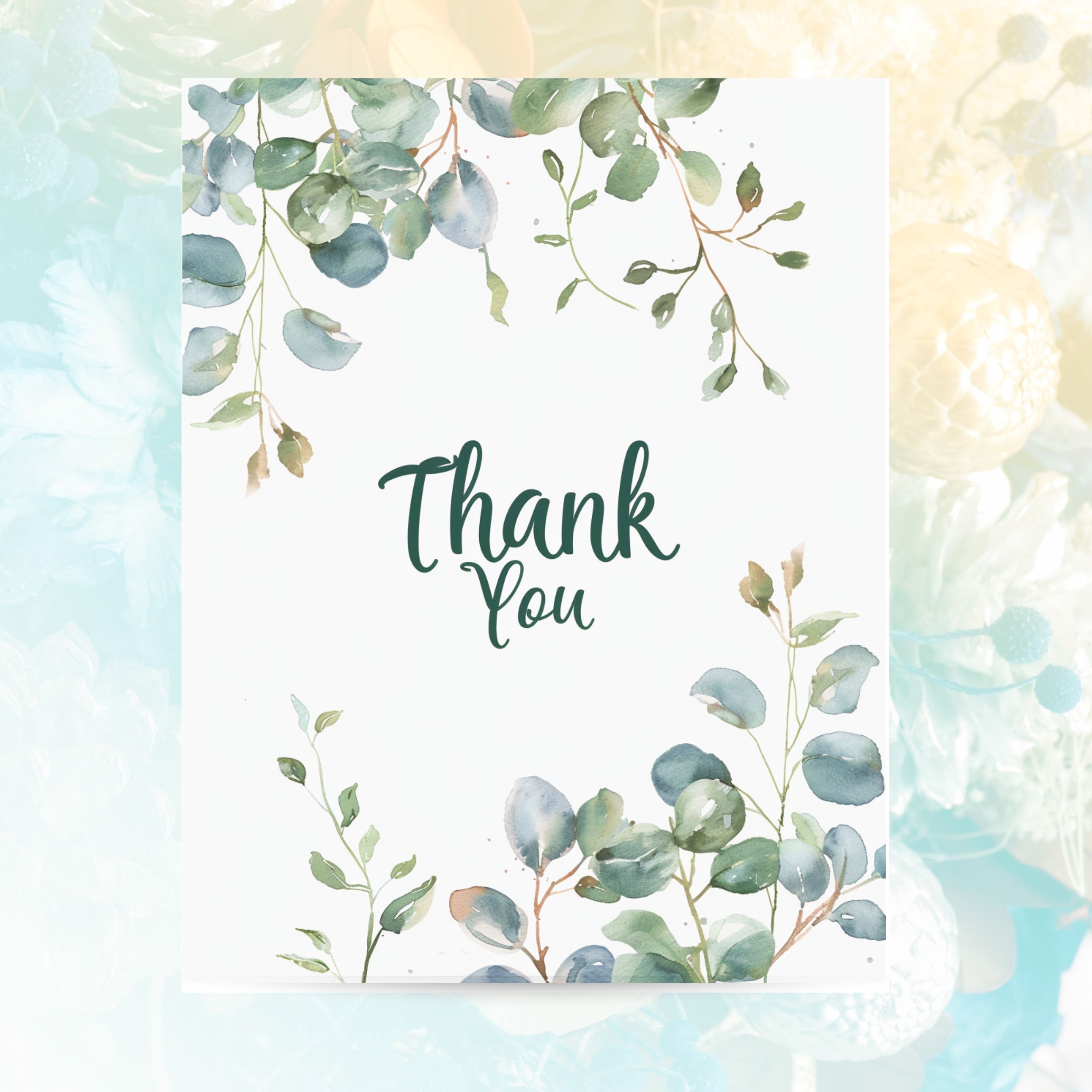 Greenery Thank You Card, Watercolor Eucalyptus Design, Elegant Appreciation Note, Handmade Greeting Card