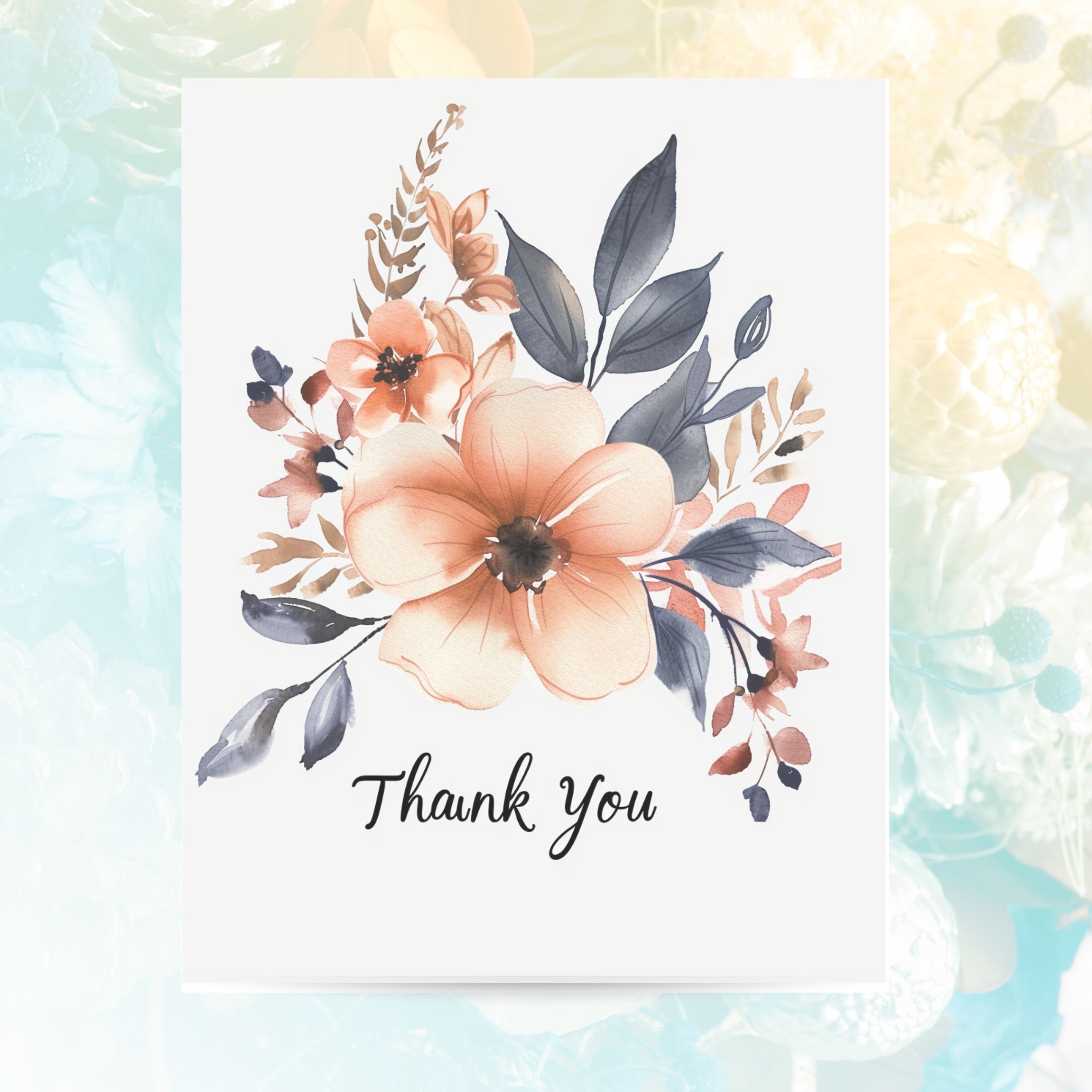 Floral Thank You Card, Watercolor Blossom Design, Elegant Appreciation Note, Handmade Greeting Card