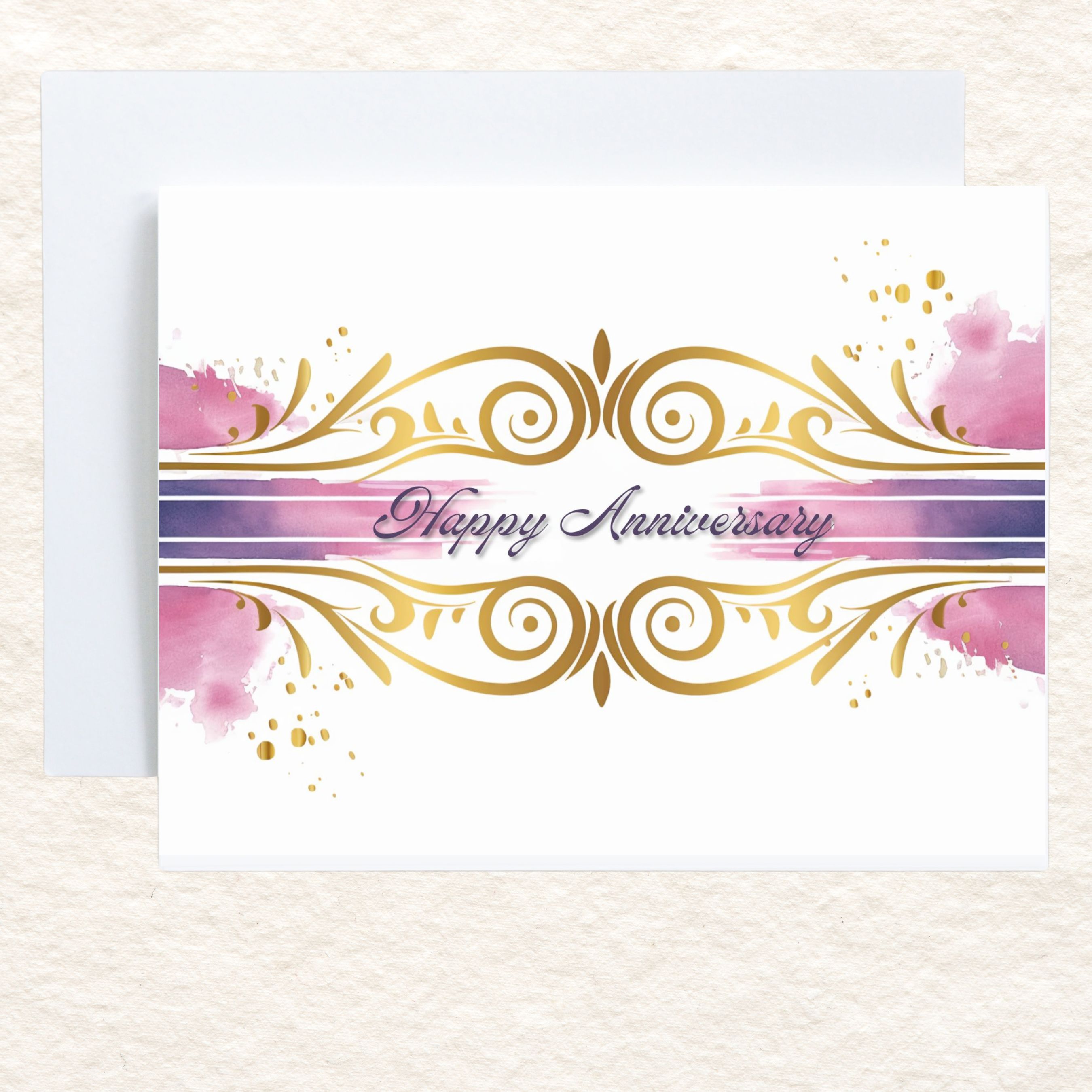 Elegant Happy Anniversary Card, Gold and Pink Watercolor Design, Sophisticated Greeting, Handmade Anniversary Card