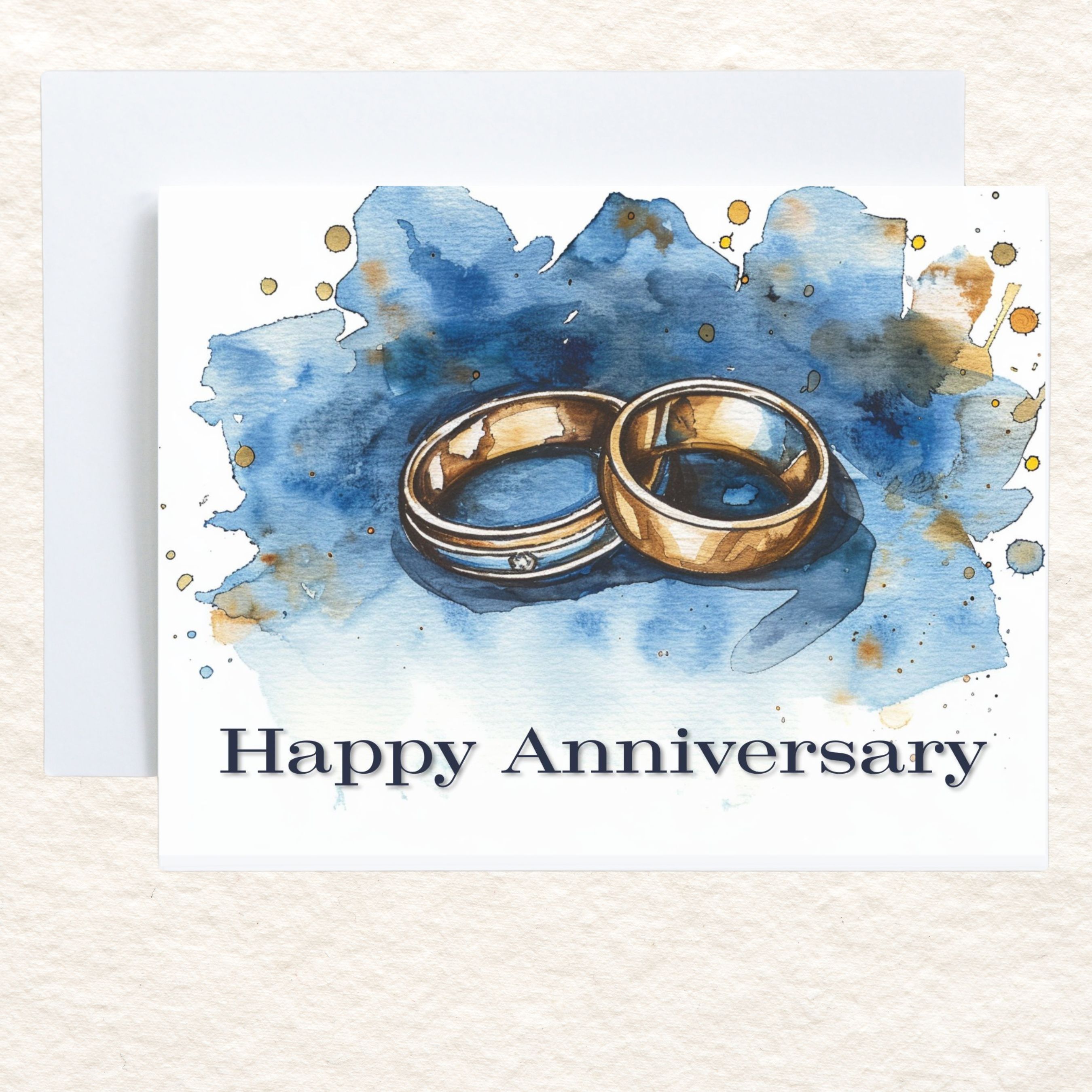 Elegant Happy Anniversary Card, Gold Rings and Blue Watercolor Design, Sophisticated Greeting, Handmade Anniversary Card