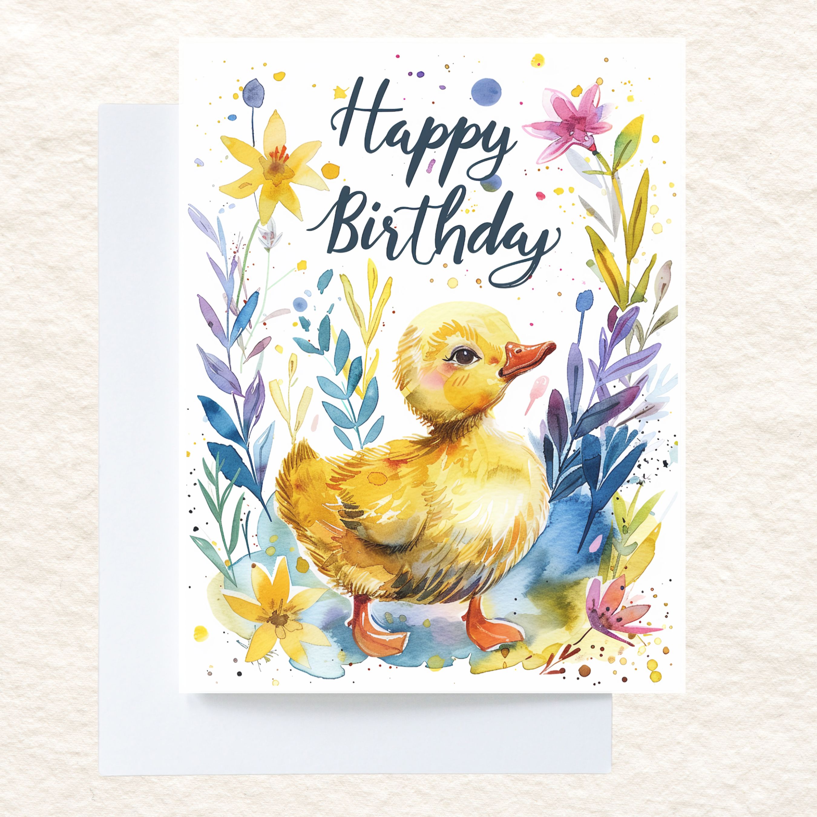 Happy Birthday Duck Card, Colorful Watercolor Duckling, Floral Birthday Greeting, Cheerful Spring Duck