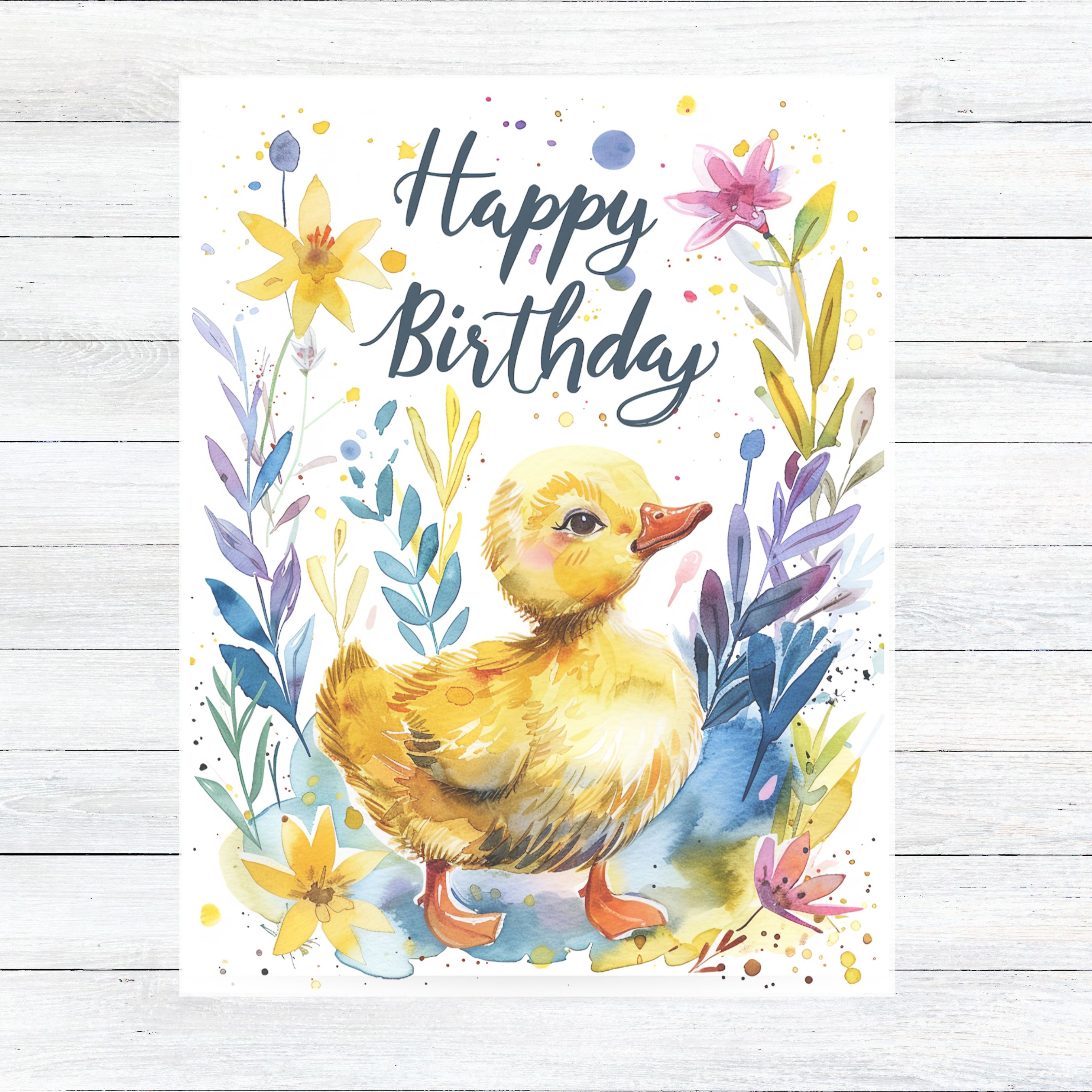 Happy Birthday Duck Card, Colorful Watercolor Duckling, Floral Birthday Greeting, Cheerful Spring Duck