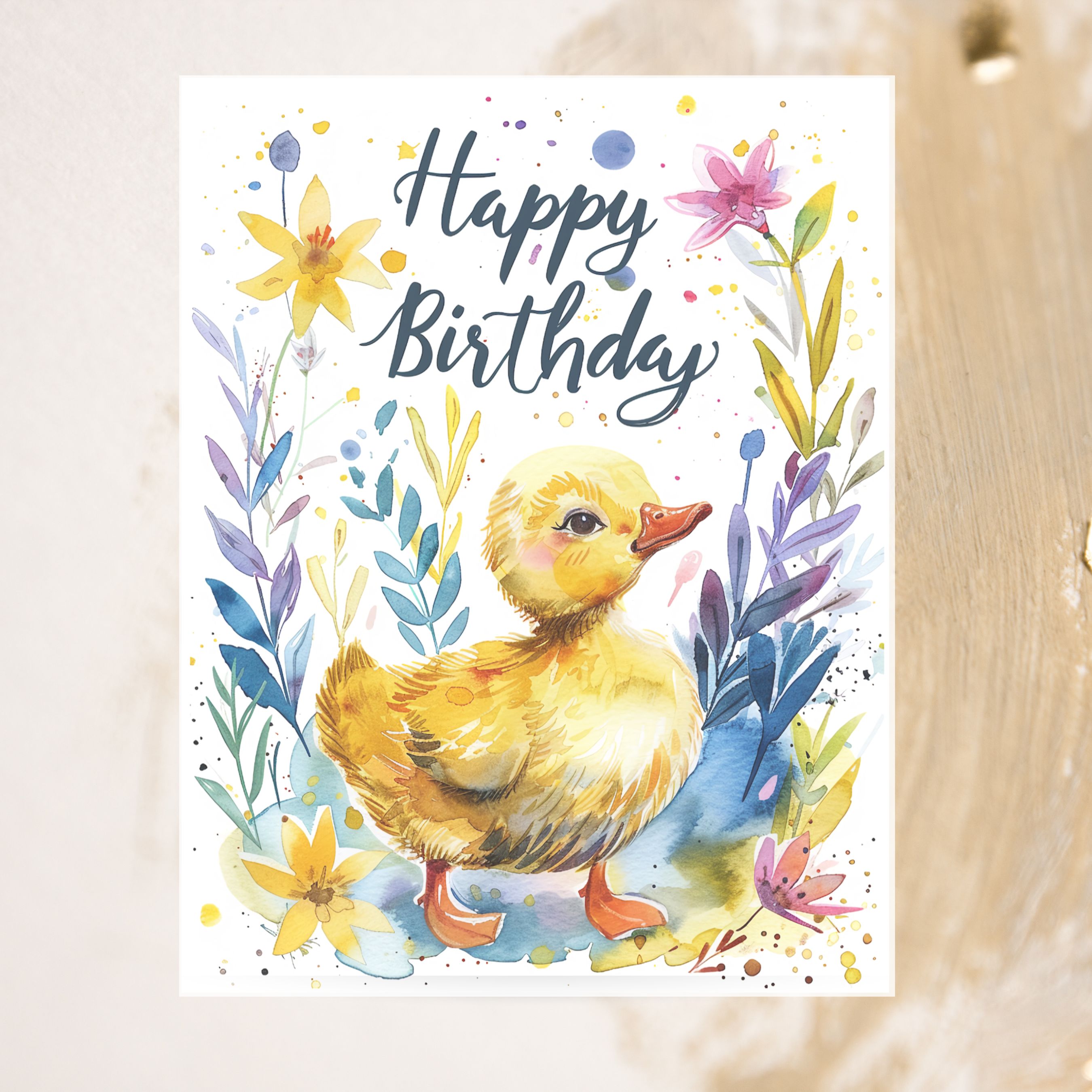 Happy Birthday Duck Card, Colorful Watercolor Duckling, Floral Birthday Greeting, Cheerful Spring Duck