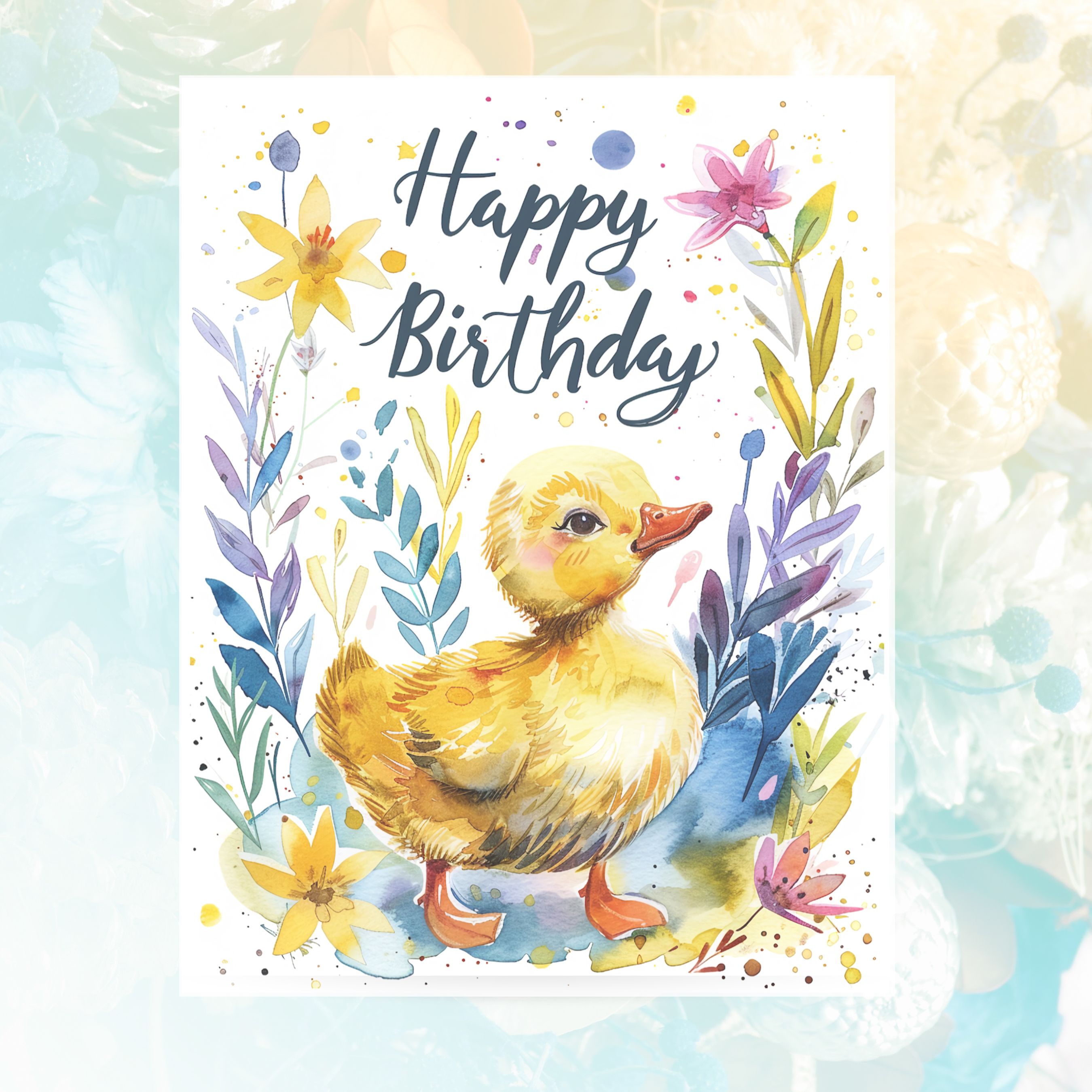 Happy Birthday Duck Card, Colorful Watercolor Duckling, Floral Birthday Greeting, Cheerful Spring Duck