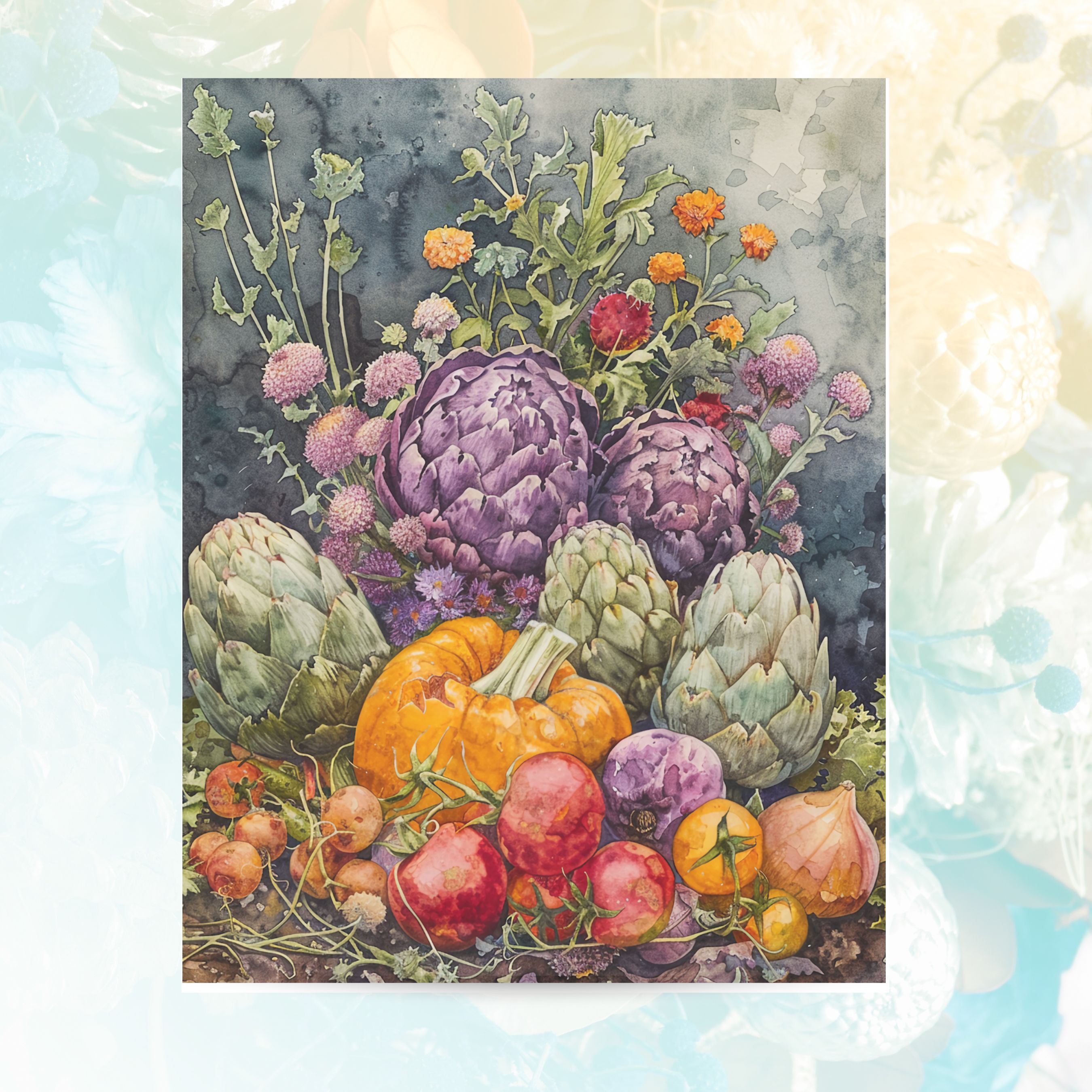 Autumn Harvest Watercolor Card, Fall Garden, Note Card, Thank You, All Occasion, Birthday Card, Invitations, Handmade Card