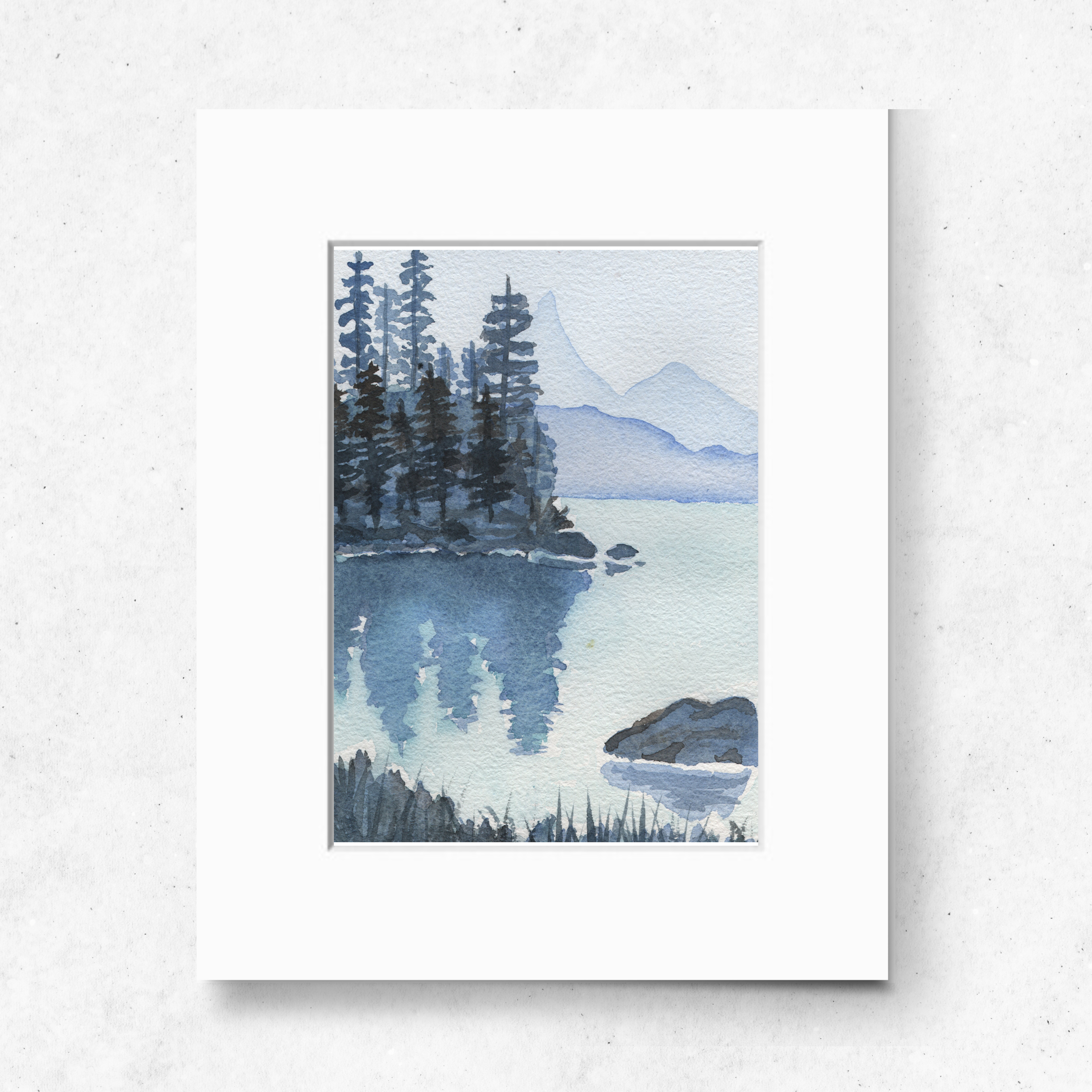 Tranquil Reflections Blue Pines Lake Watercolor Art, High Quality Art Print, Nature Landscape, Original Art