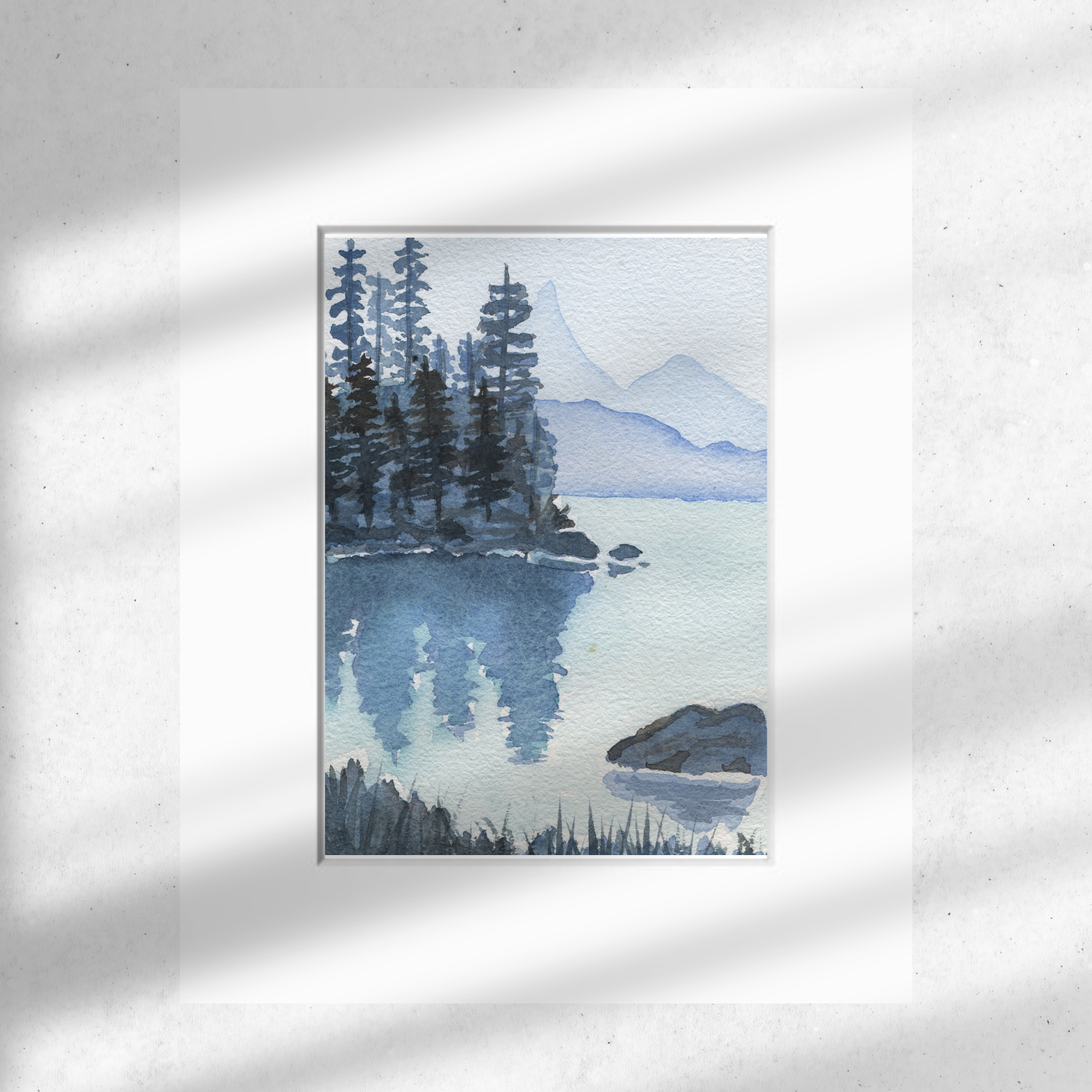 Tranquil Reflections Blue Pines Lake Watercolor Art, High Quality Art Print, Nature Landscape, Original Art