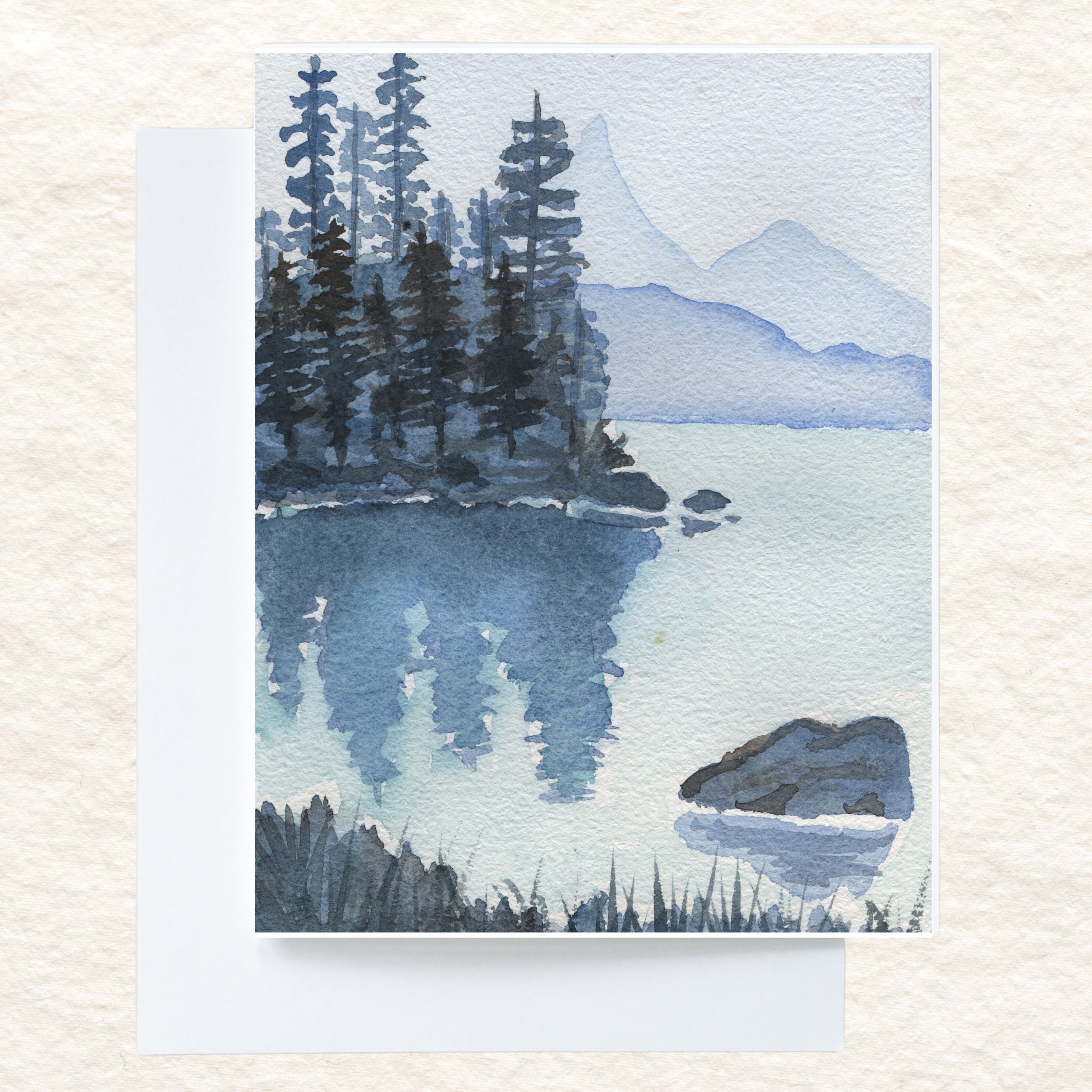 Tranquil Reflections Blue Pines Lake Watercolor Art, Handmade Card, Nature Landscape, All Occasion Cards, Thank You, Invitation, Note Card, Greetings, Birthdays
