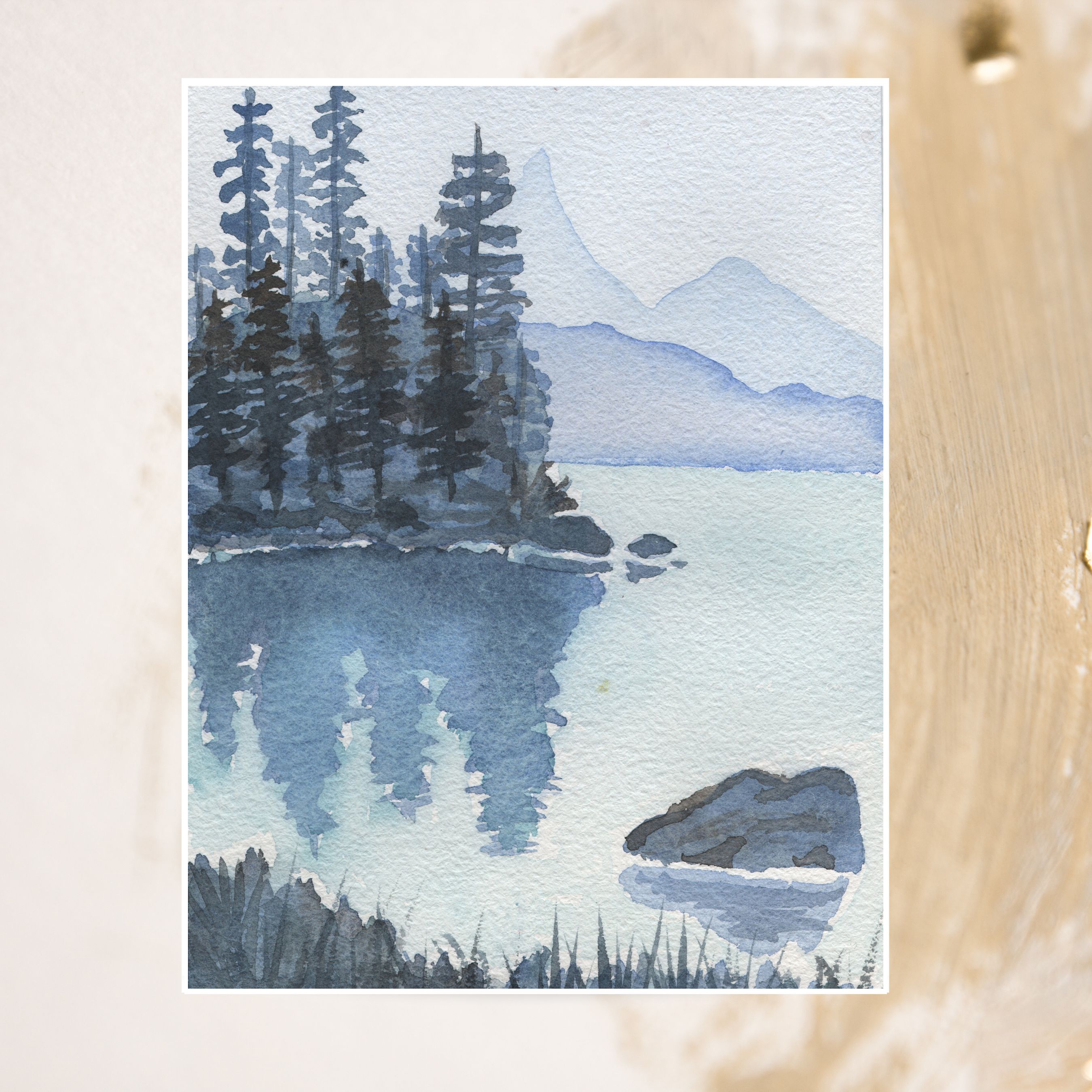Tranquil Reflections Blue Pines Lake Watercolor Art, Handmade Card, Nature Landscape, All Occasion Cards, Thank You, Invitation, Note Card, Greetings, Birthdays