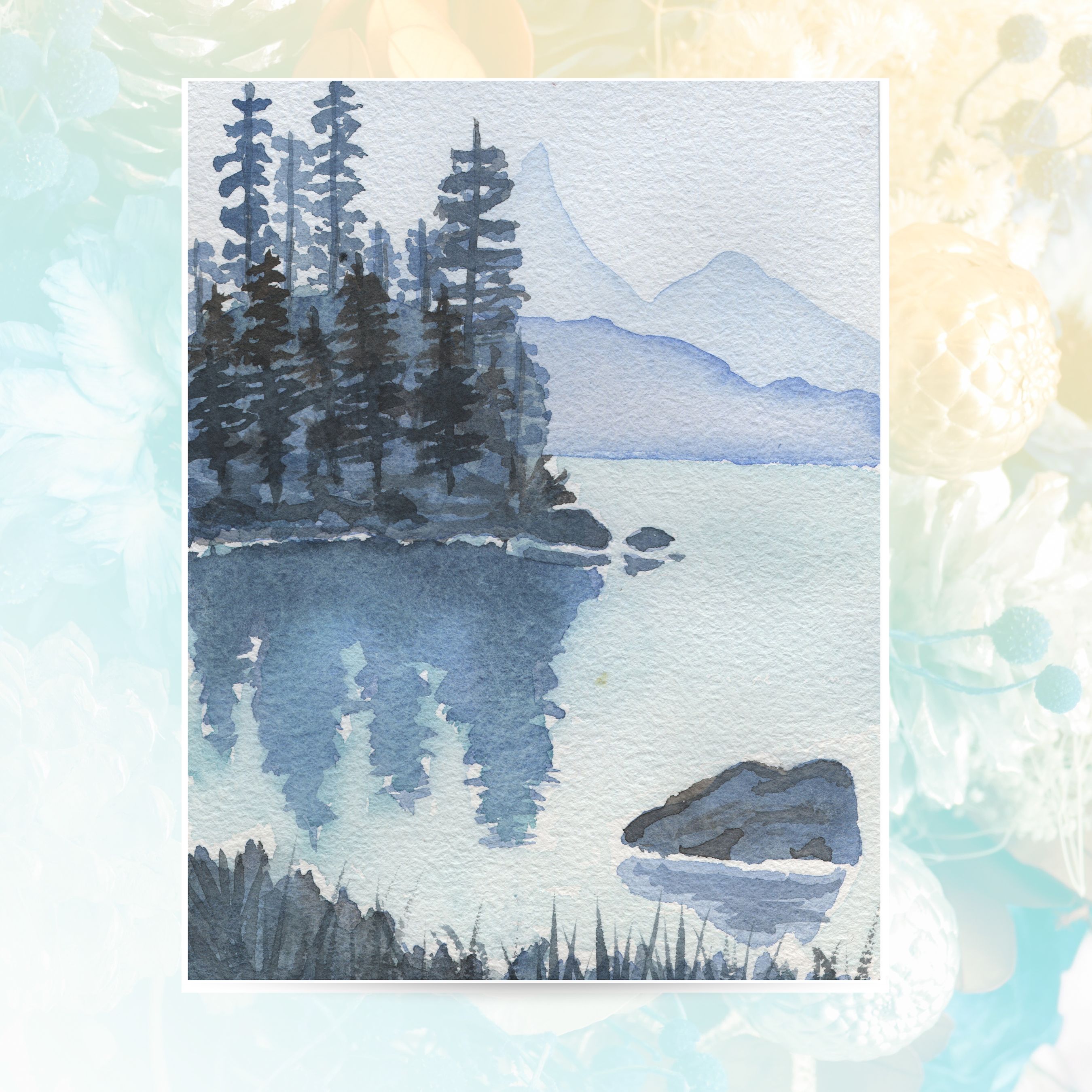 Tranquil Reflections Blue Pines Lake Watercolor Art, Handmade Card, Nature Landscape, All Occasion Cards, Thank You, Invitation, Note Card, Greetings, Birthdays