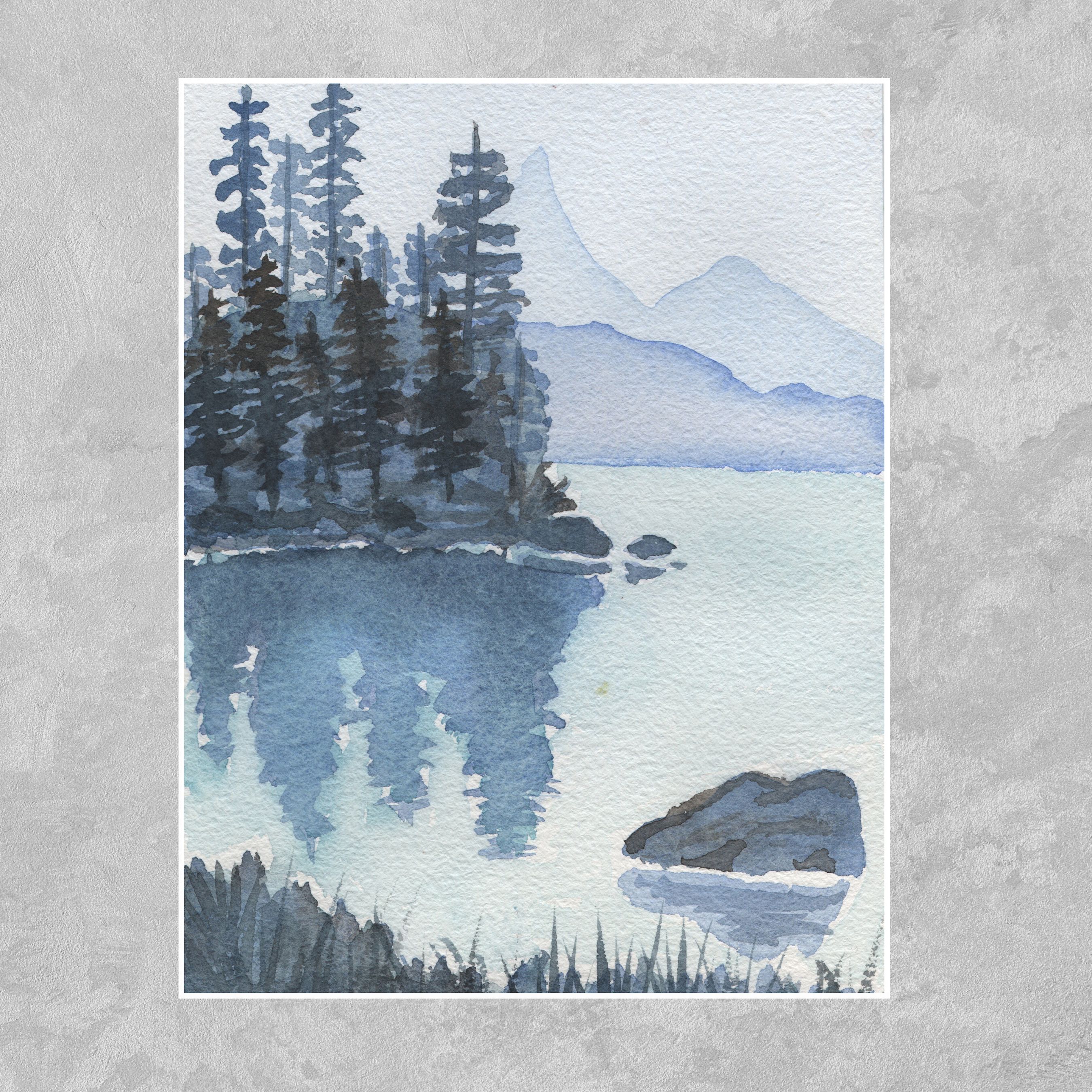 Tranquil Reflections Blue Pines Lake Watercolor Art, Handmade Card, Nature Landscape, All Occasion Cards, Thank You, Invitation, Note Card, Greetings, Birthdays