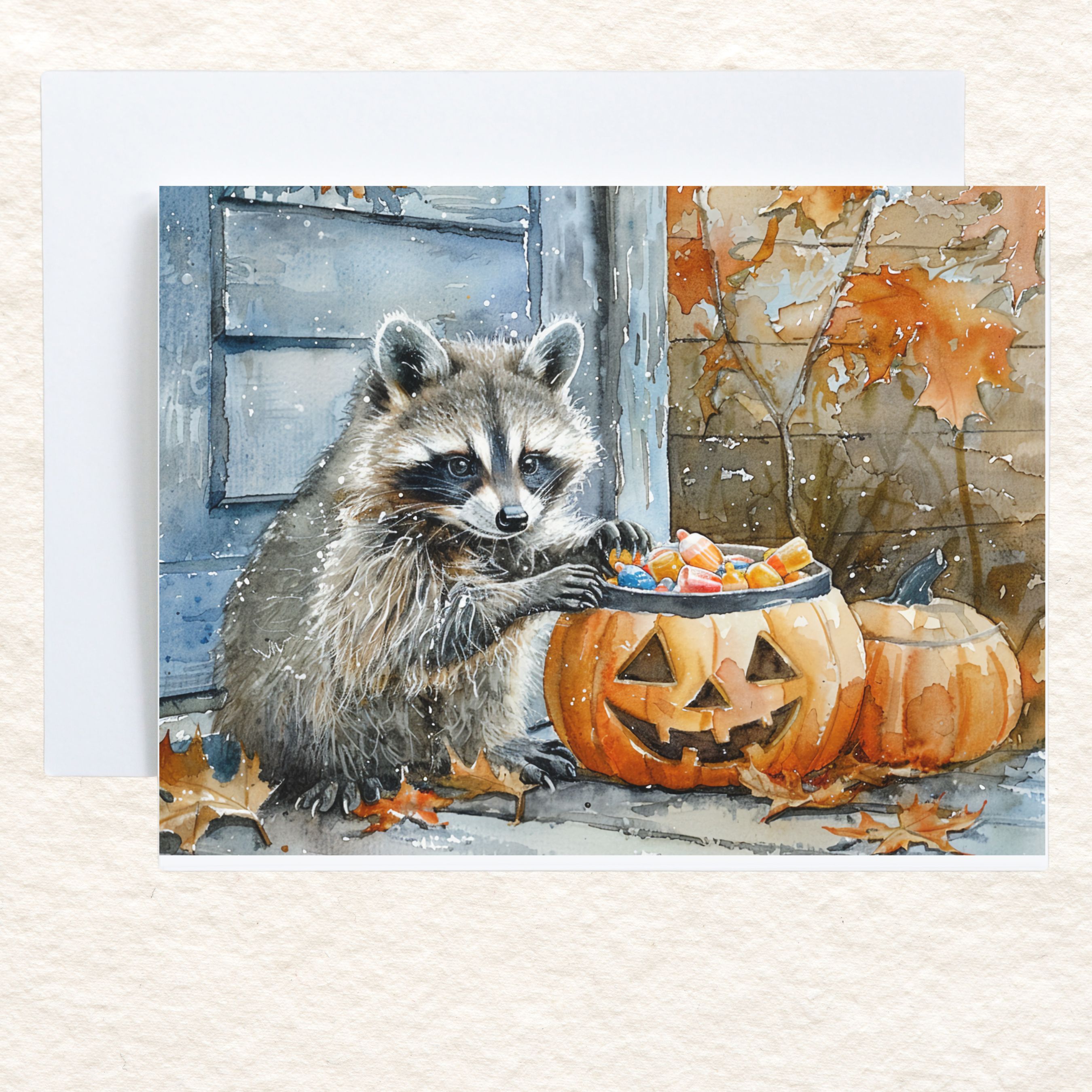 Raccoon with Halloween Candy in Pumpkin Watercolor Card, Halloween Greeting Card, Cute Animal Art, Fall Celebration, All Occasion Cards, Thank You, Invitation, Note Card, Greetings, Birthdays