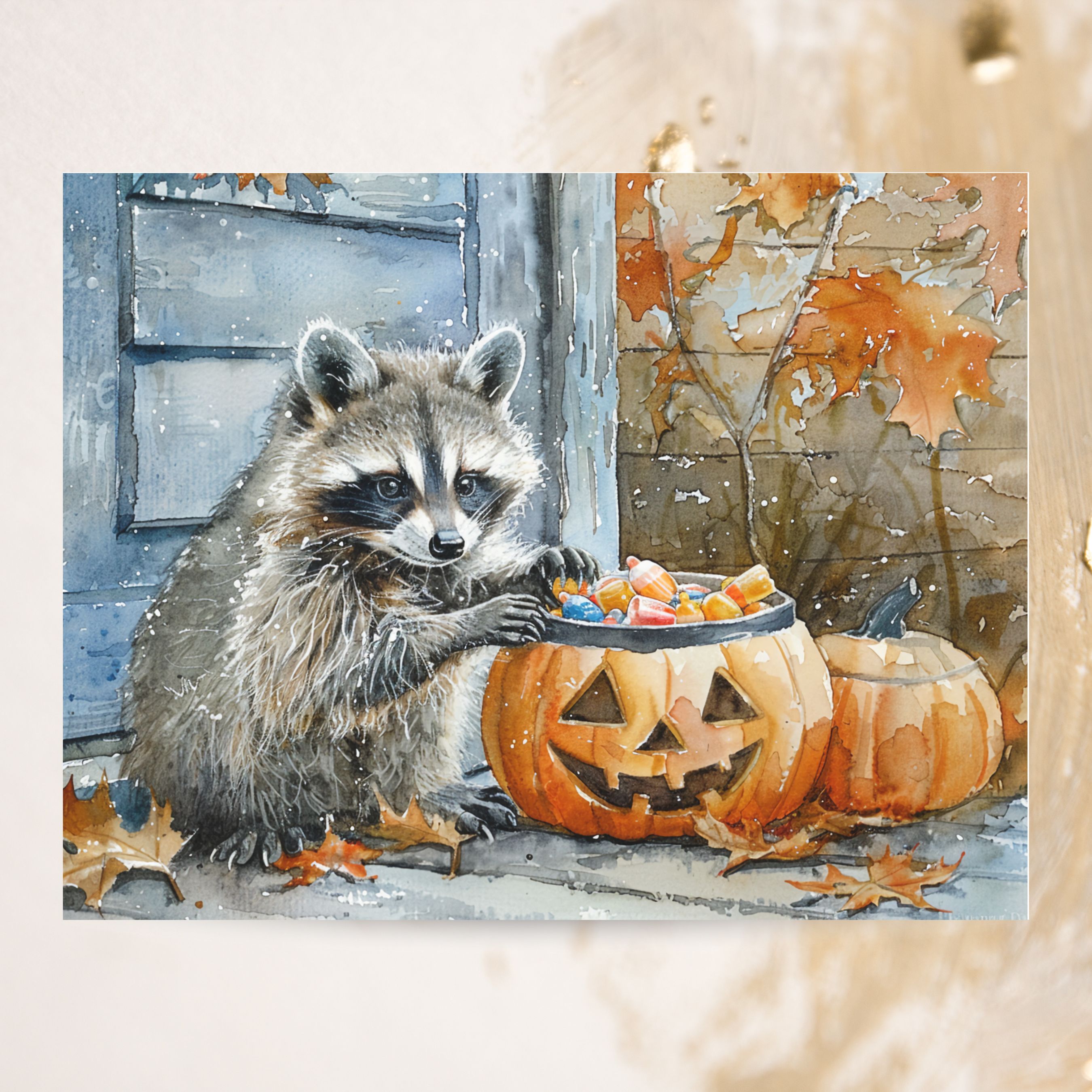 Raccoon with Halloween Candy in Pumpkin Watercolor Card, Halloween Greeting Card, Cute Animal Art, Fall Celebration, All Occasion Cards, Thank You, Invitation, Note Card, Greetings, Birthdays