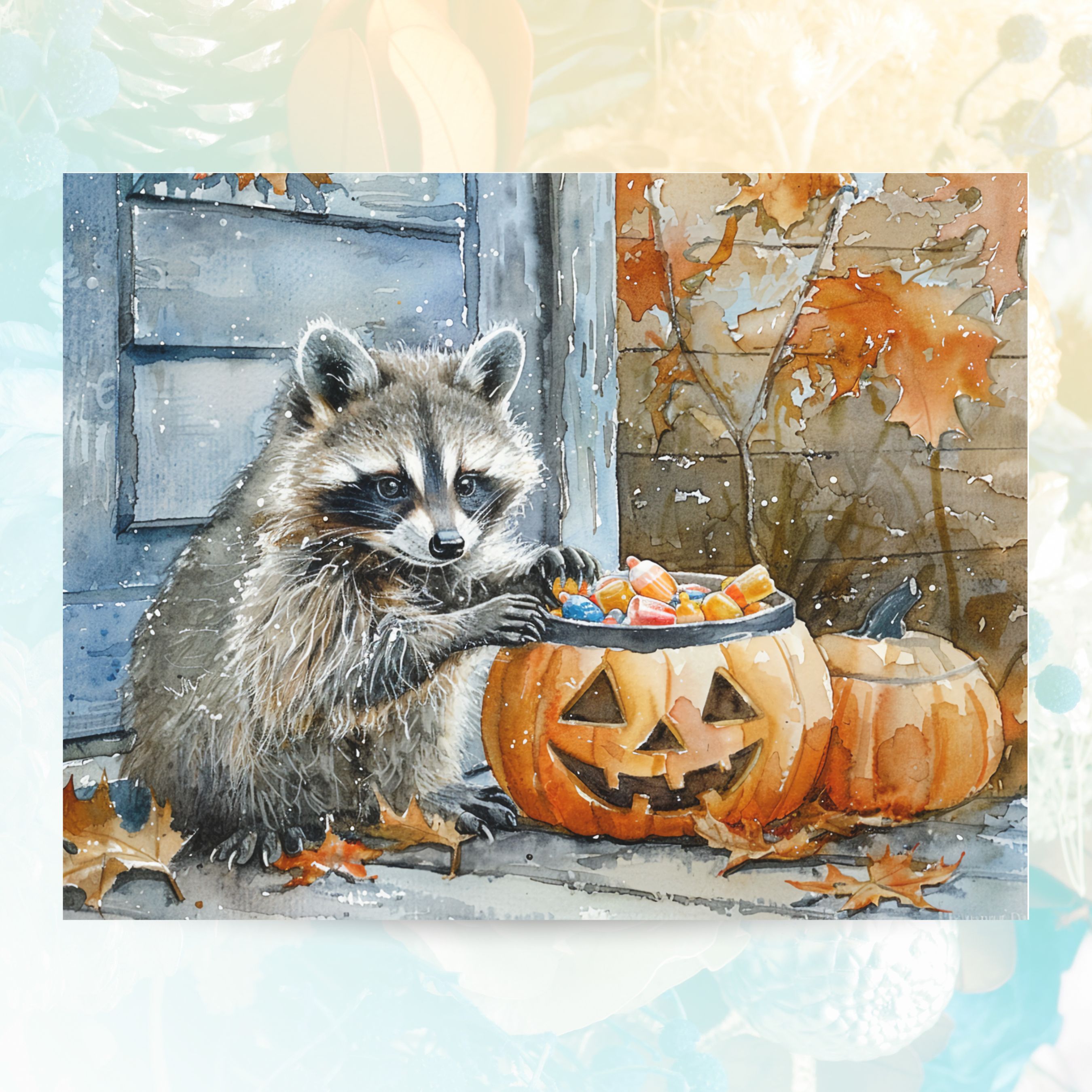 Raccoon with Halloween Candy in Pumpkin Watercolor Card, Halloween Greeting Card, Cute Animal Art, Fall Celebration, All Occasion Cards, Thank You, Invitation, Note Card, Greetings, Birthdays