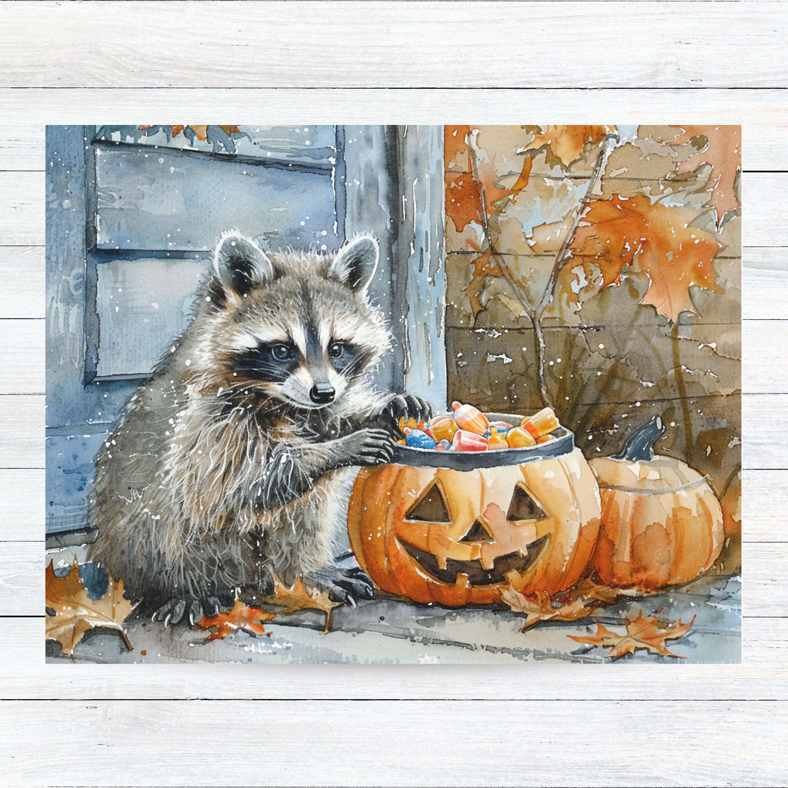 Raccoon with Halloween Candy in Pumpkin Watercolor Card, Halloween Greeting Card, Cute Animal Art, Fall Celebration, All Occasion Cards, Thank You, Invitation, Note Card, Greetings, Birthdays