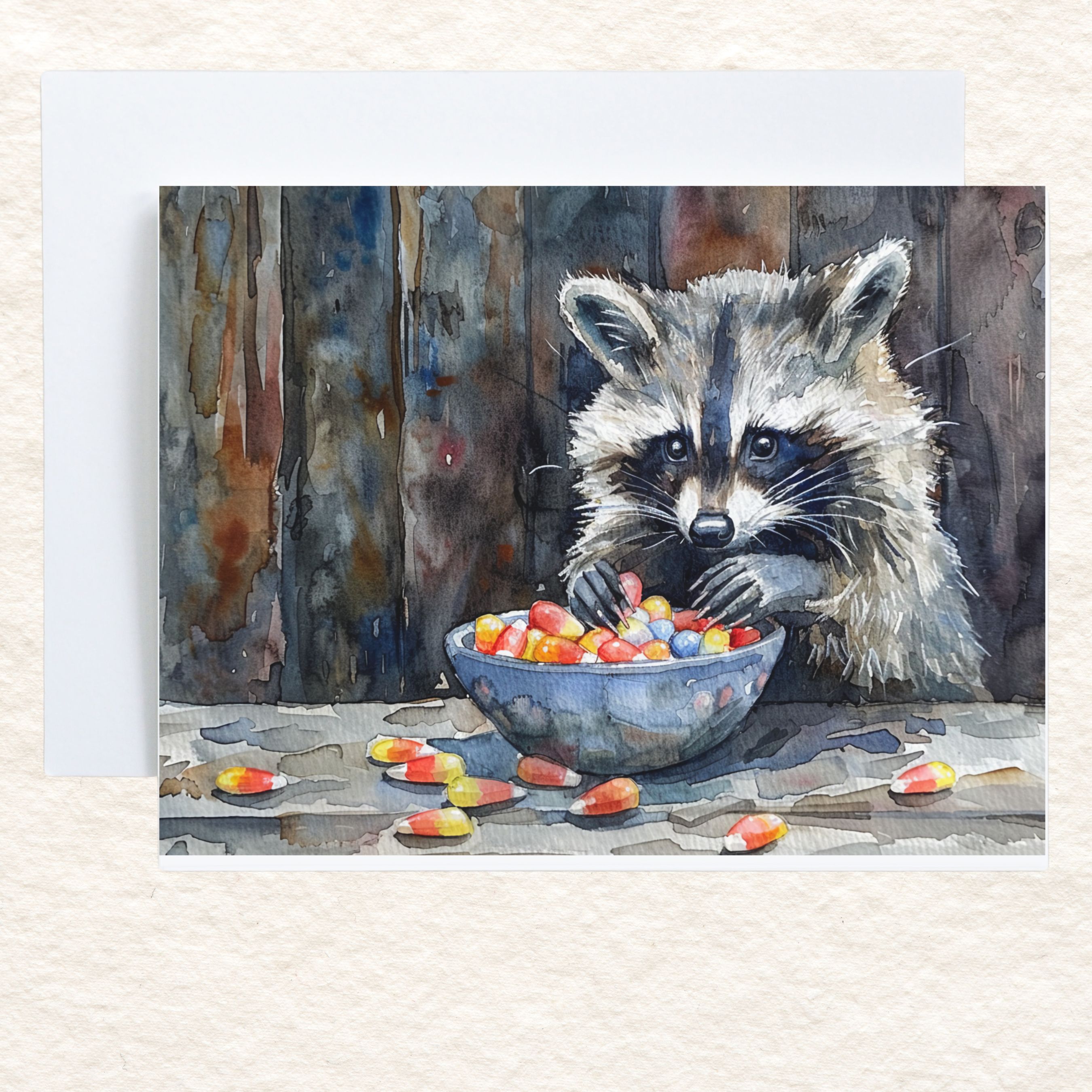Adorable Raccoon with Halloween Candy Watercolor Card, Halloween Greeting Card, Cute Animal Art, Fall Celebration, All Occasion Cards, Thank You, Invitation, Note Card, Greetings, Birthdays