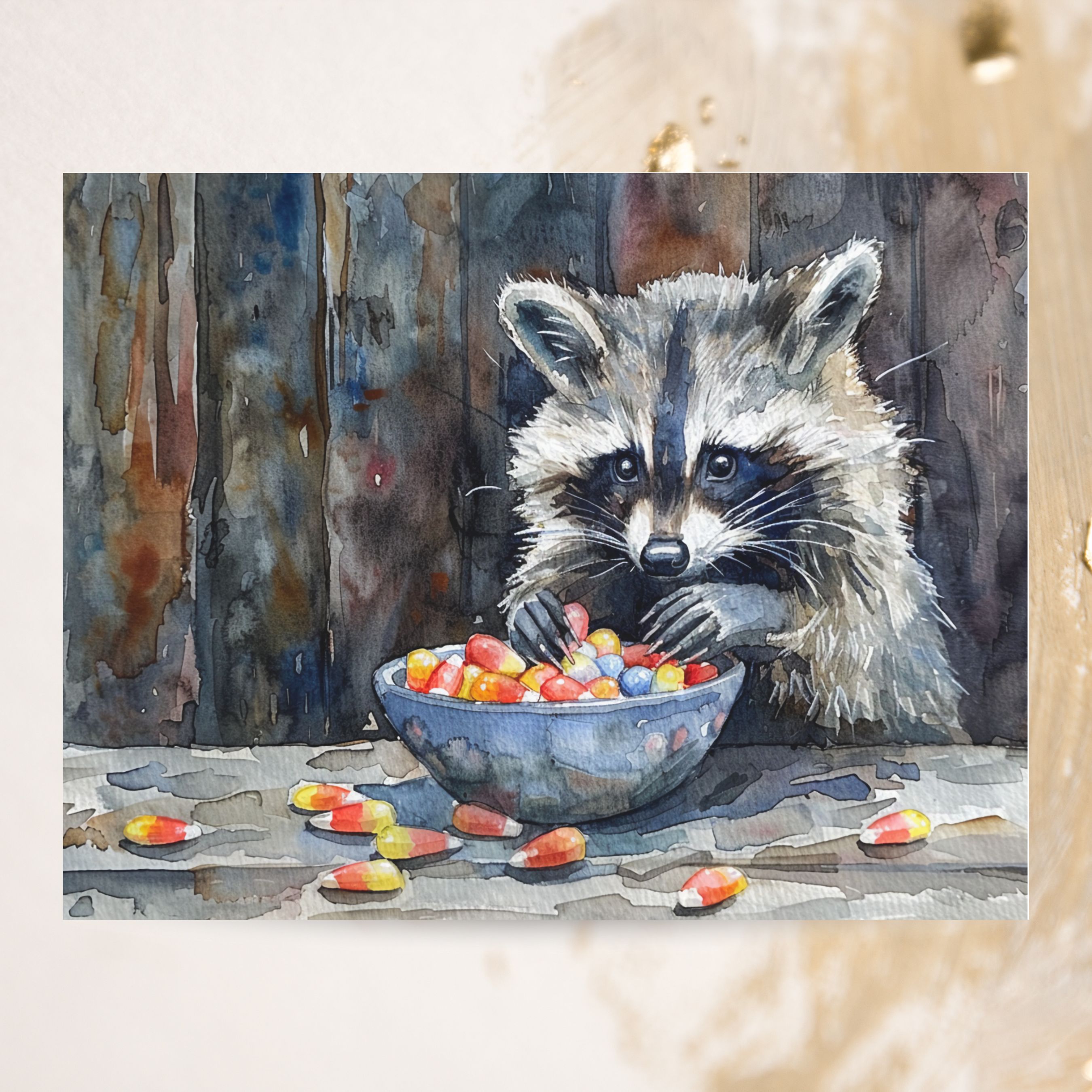 Adorable Raccoon with Halloween Candy Watercolor Card, Halloween Greeting Card, Cute Animal Art, Fall Celebration, All Occasion Cards, Thank You, Invitation, Note Card, Greetings, Birthdays
