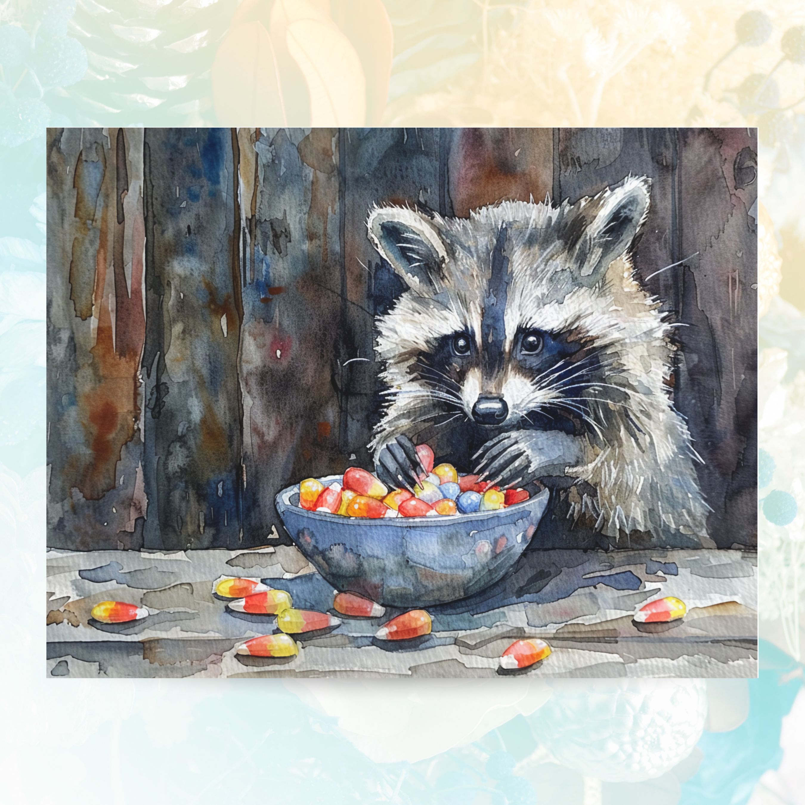 Adorable Raccoon with Halloween Candy Watercolor Card, Halloween Greeting Card, Cute Animal Art, Fall Celebration, All Occasion Cards, Thank You, Invitation, Note Card, Greetings, Birthdays