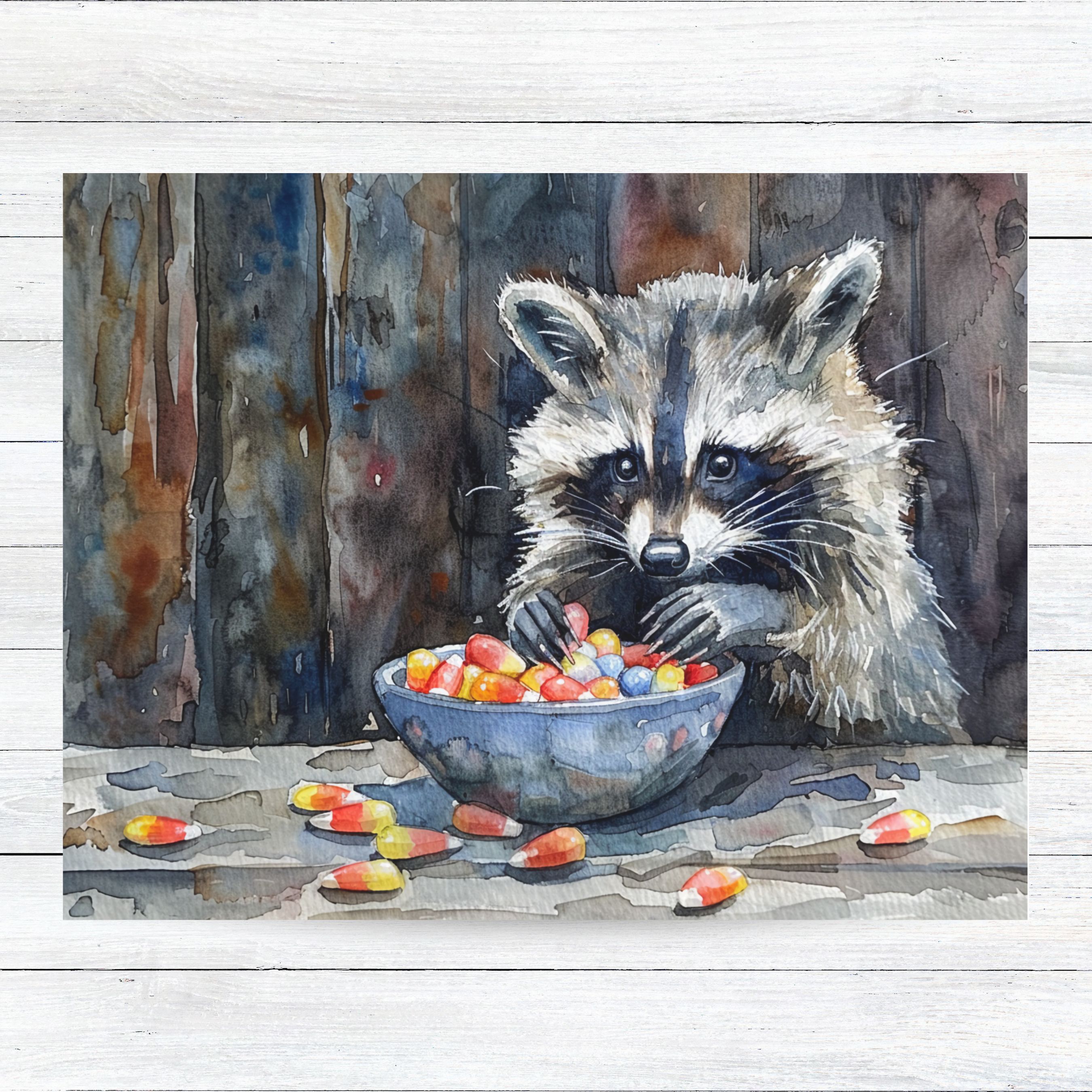 Adorable Raccoon with Halloween Candy Watercolor Card, Halloween Greeting Card, Cute Animal Art, Fall Celebration, All Occasion Cards, Thank You, Invitation, Note Card, Greetings, Birthdays