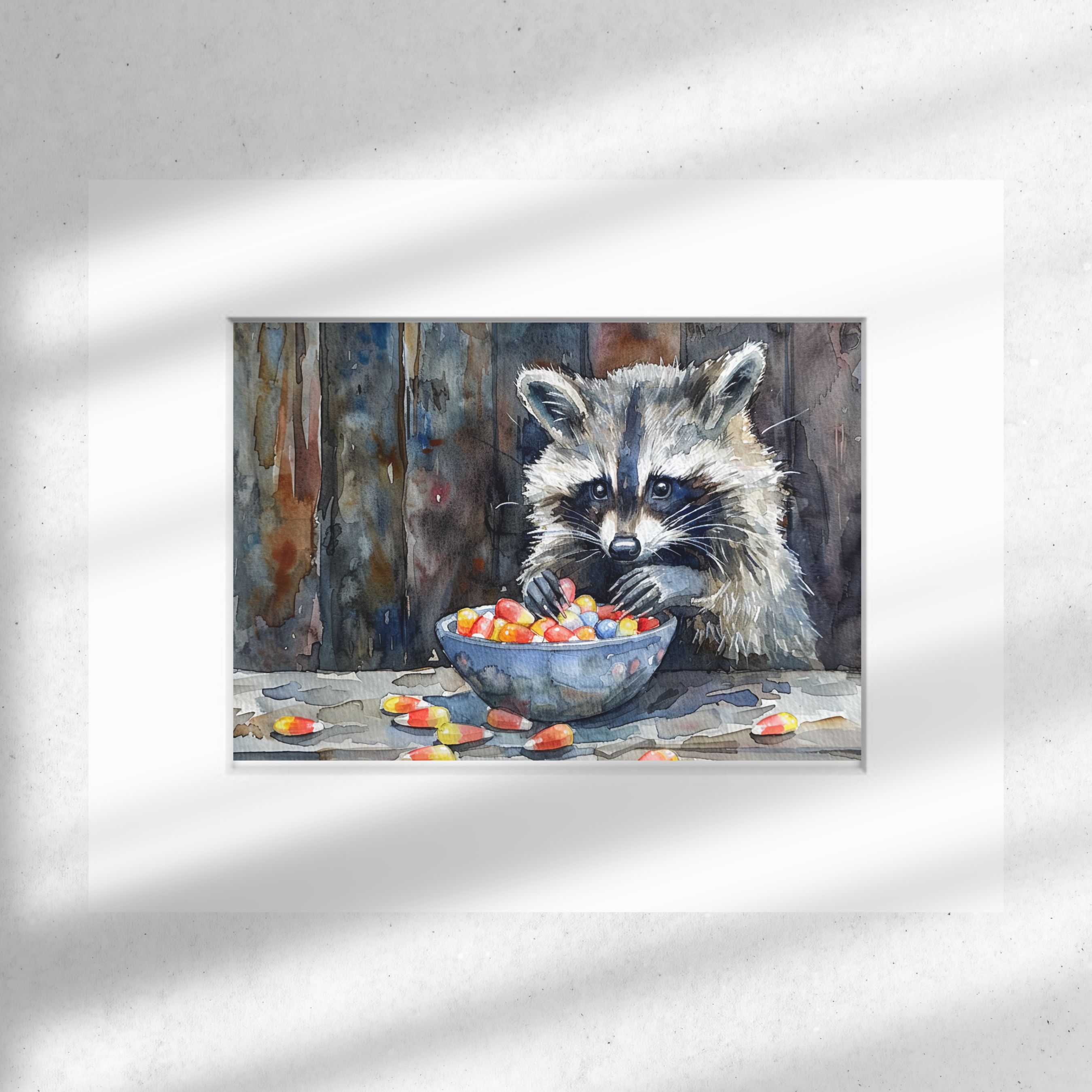 Adorable Raccoon with Halloween Candy Watercolor Art Print, Whimsical Animal Art, Fall Decor, Cute Wall Art, Original Art