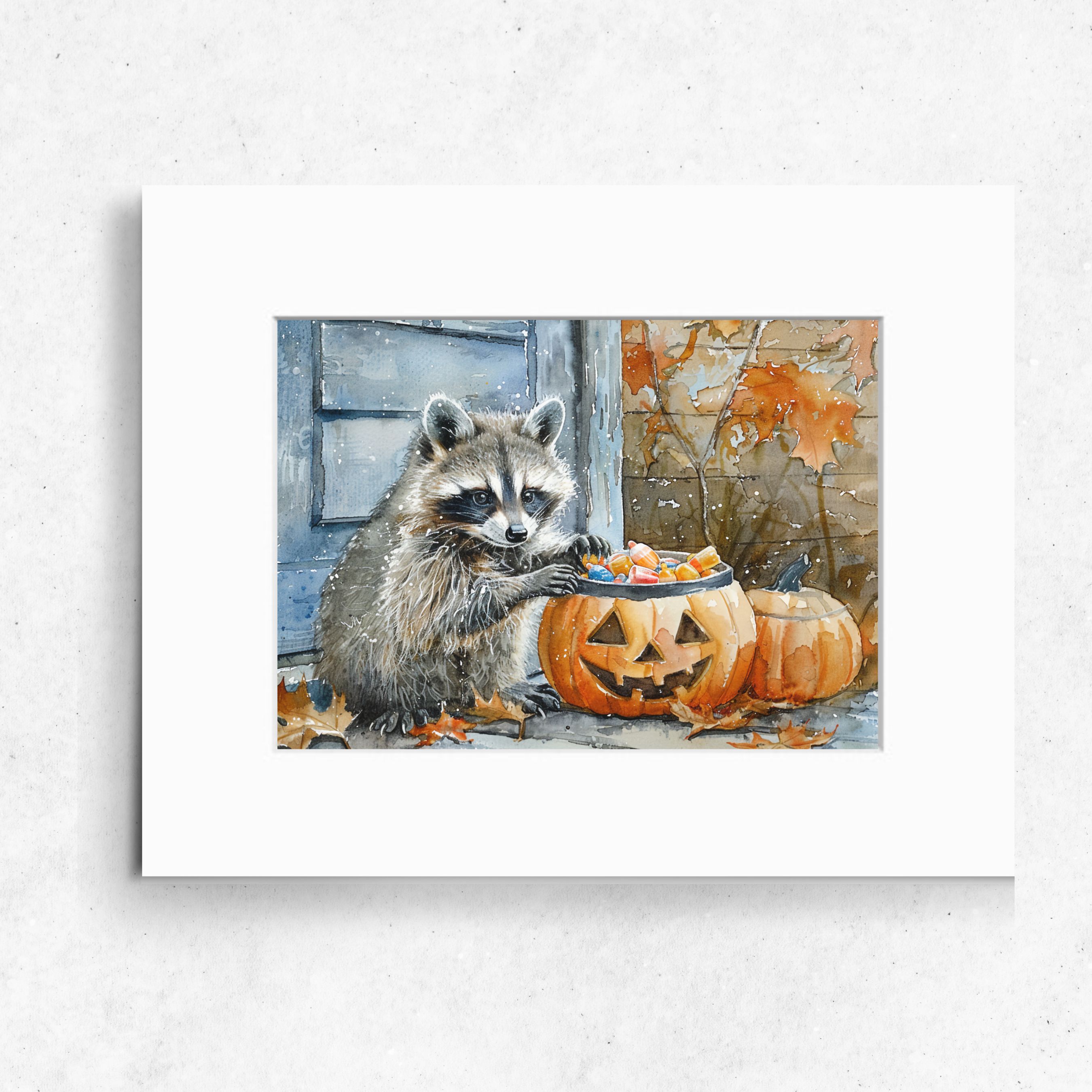Raccoon with Halloween Candy in Pumpkin Watercolor Art Print, Whimsical Animal Art, Fall Decor, Cute Wall Art, Original Art