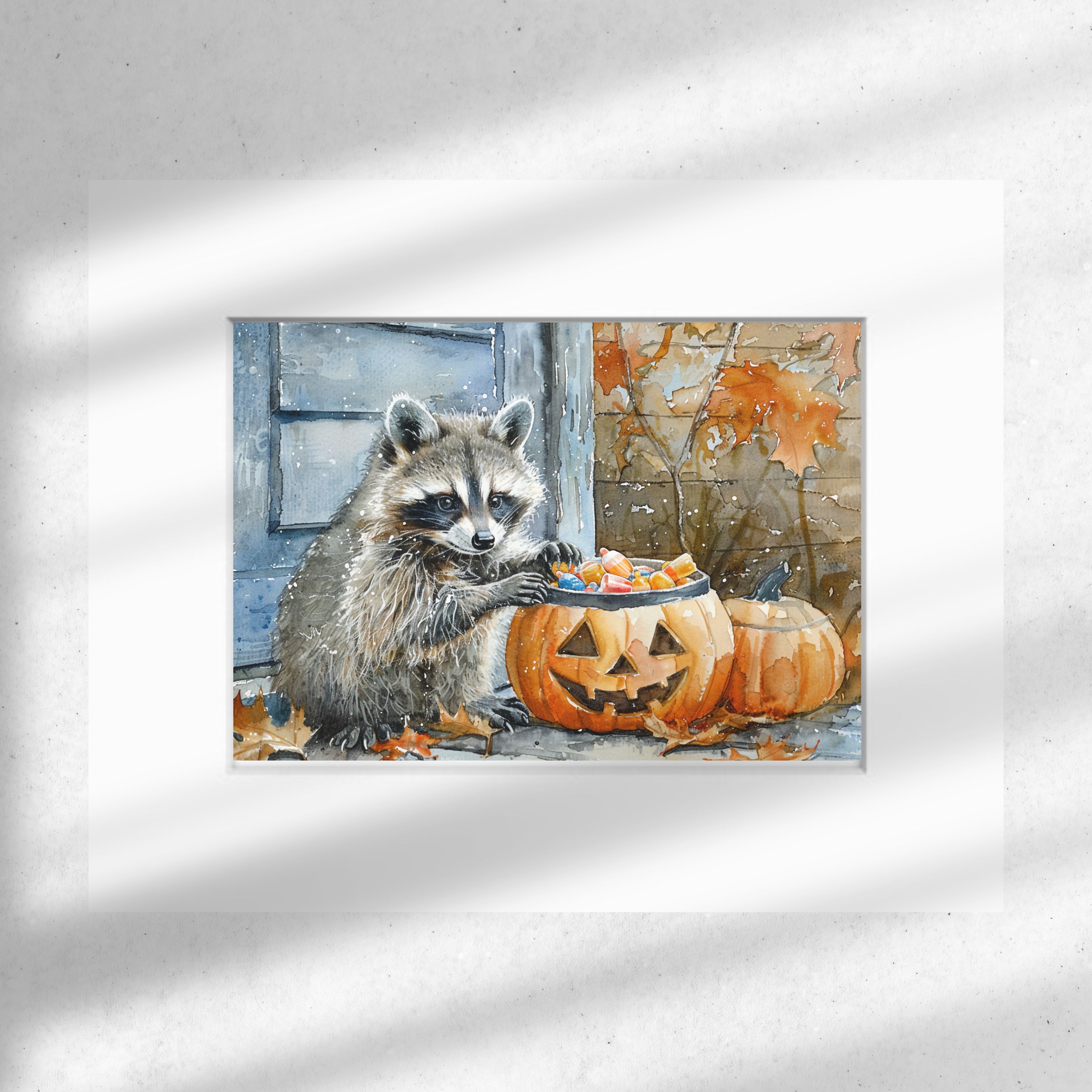 Raccoon with Halloween Candy in Pumpkin Watercolor Art Print, Whimsical Animal Art, Fall Decor, Cute Wall Art, Original Art