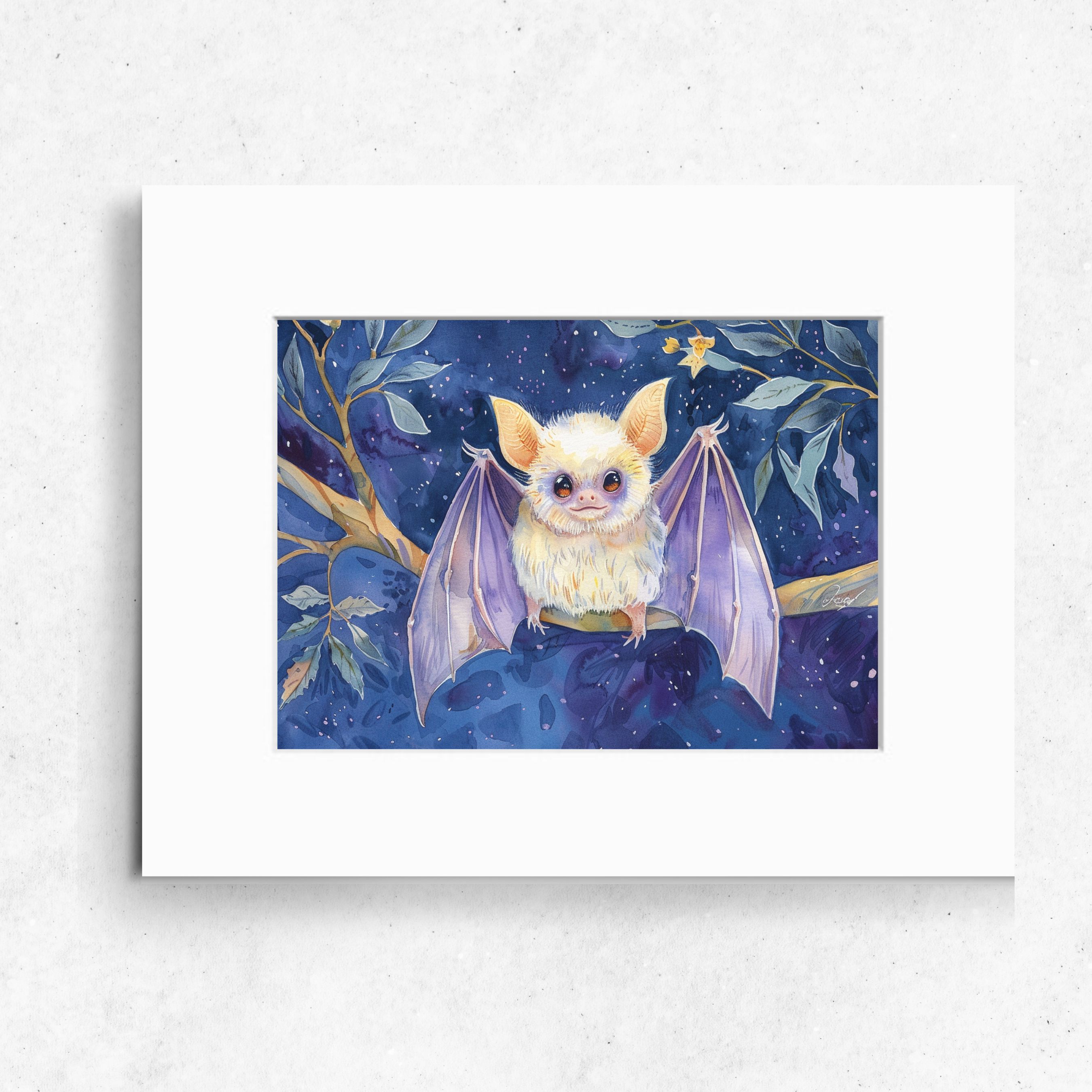 Cute Halloween White White Bat Art Print, Watercolor Painting, Original Art