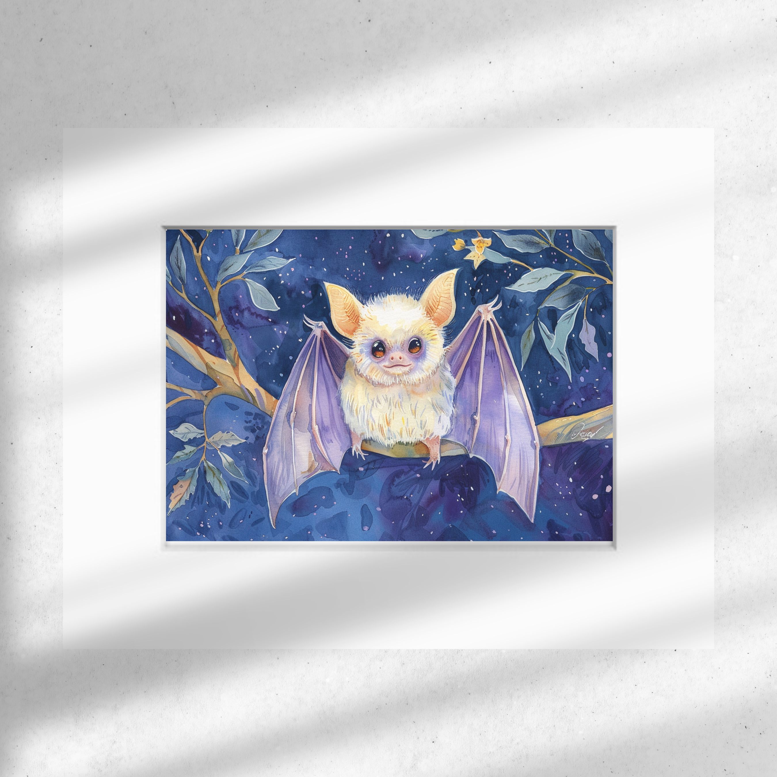 Cute Halloween White White Bat Art Print, Watercolor Painting, Original Art