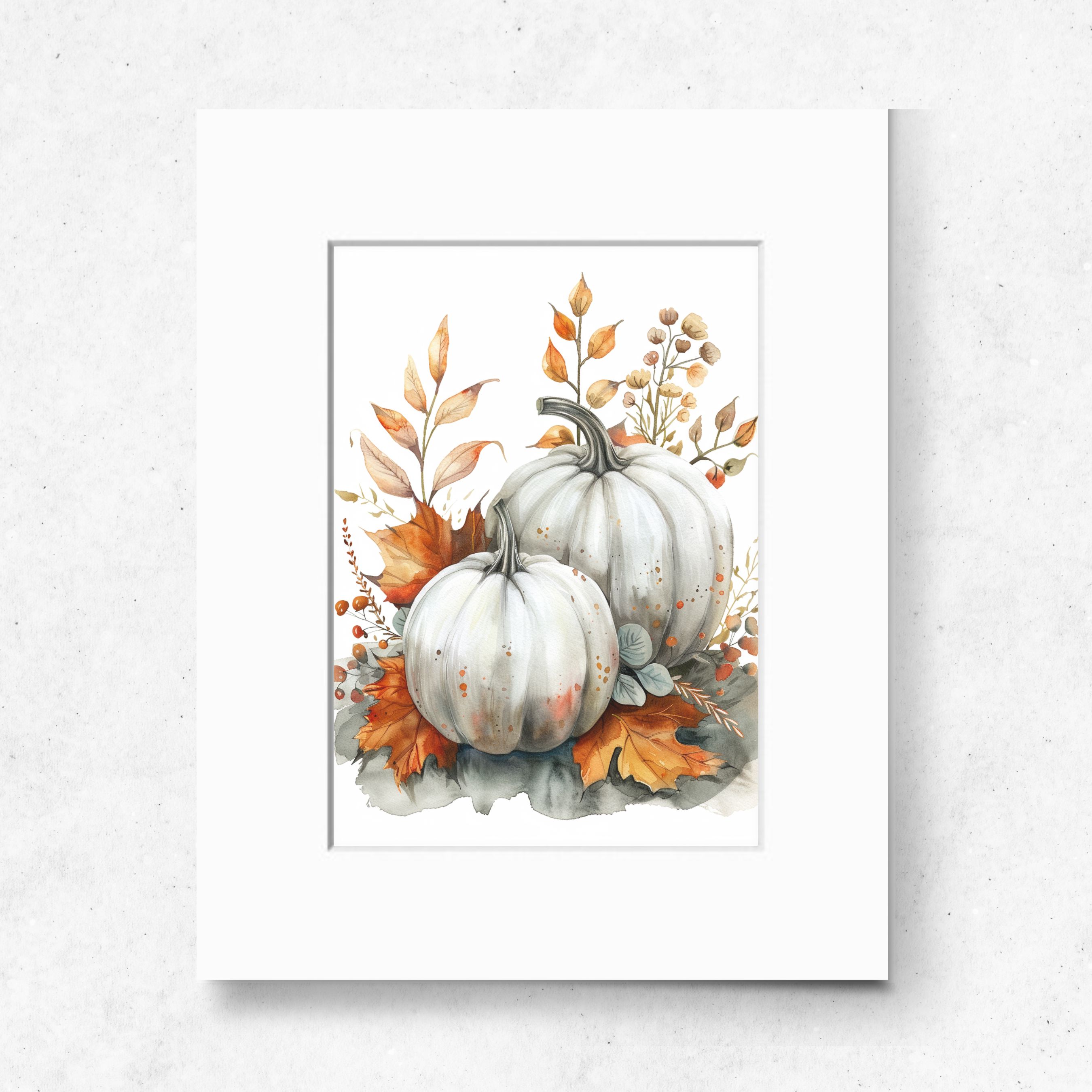 Elegant White Pumpkins Watercolor Art Print, Fall Decor, Autumn Wall Art, Thanksgiving Decoration, Original Art