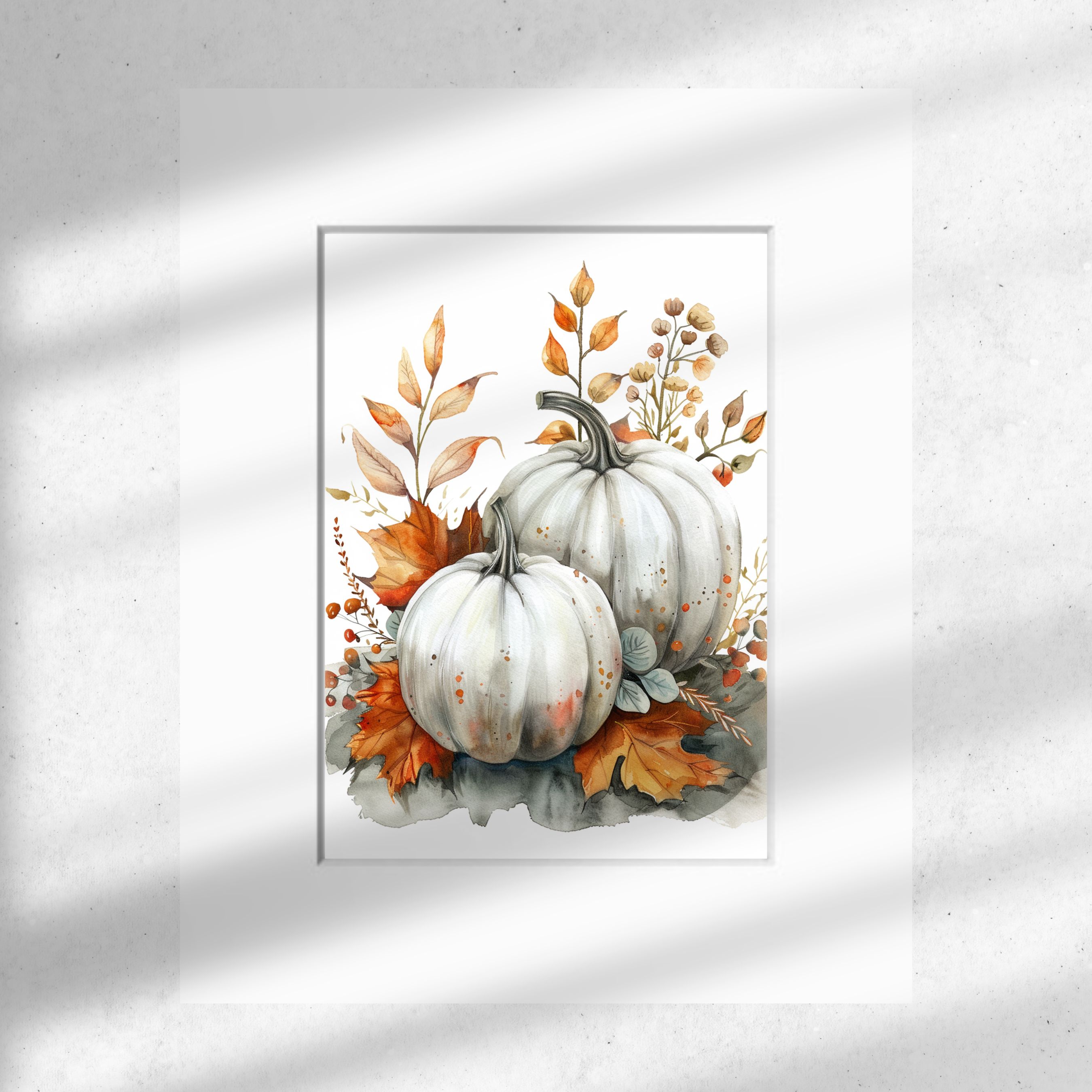 Elegant White Pumpkins Watercolor Art Print, Fall Decor, Autumn Wall Art, Thanksgiving Decoration, Original Art