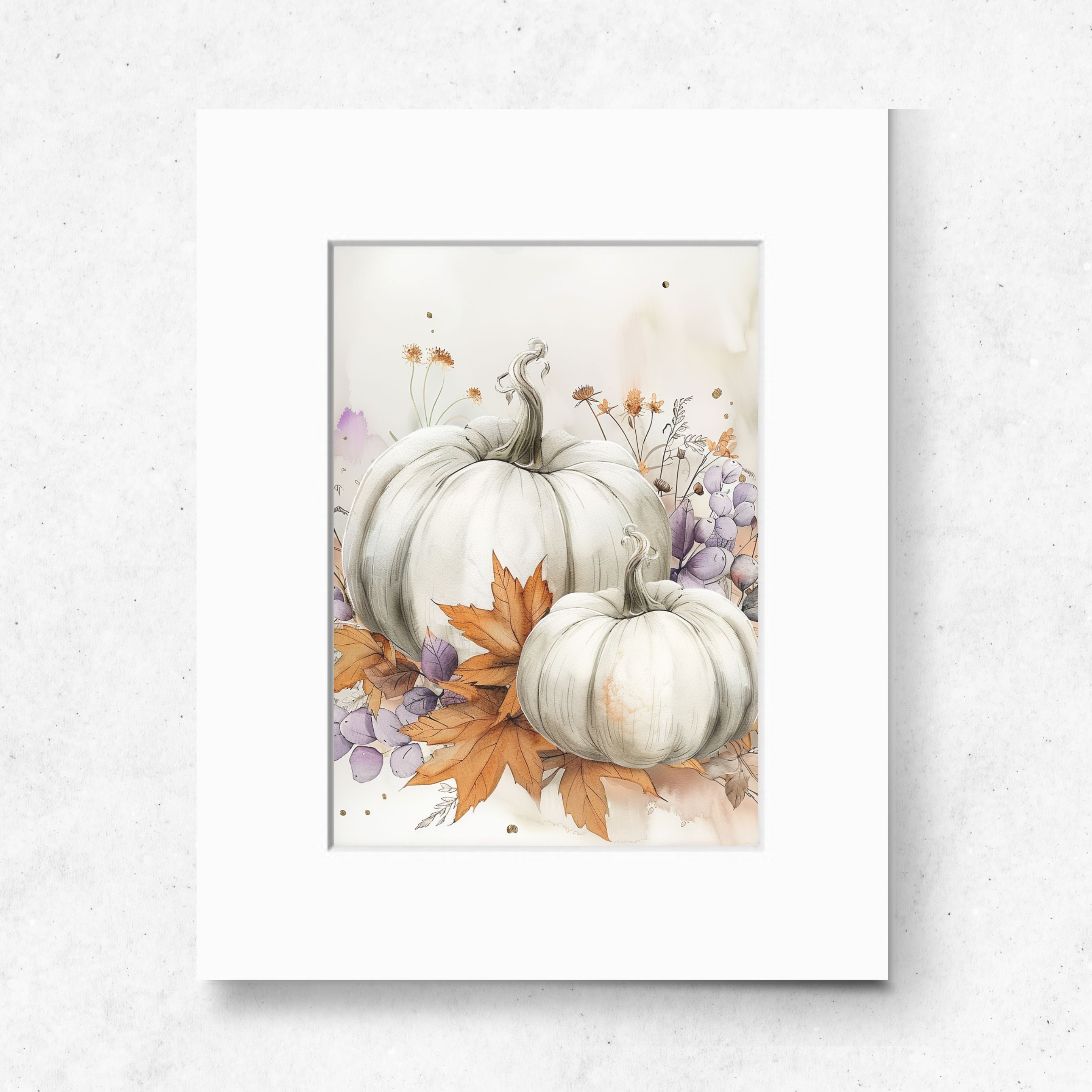 White Pumpkins with Autumn Leaves and Purple Foliage, Elegant Fall Watercolor Art, Original Art