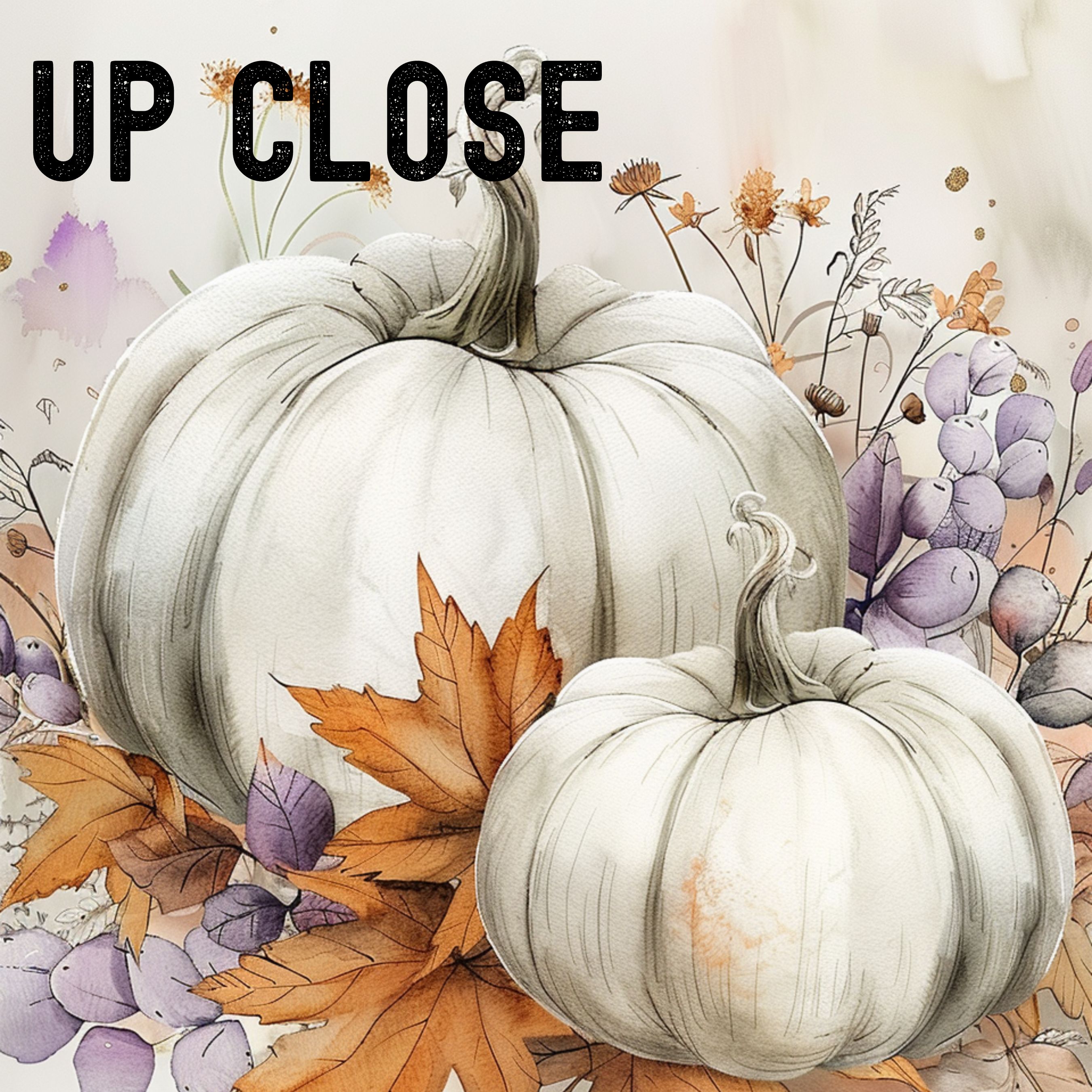 White Pumpkins with Autumn Leaves and Purple Foliage, Elegant Fall Watercolor Art, Original Art