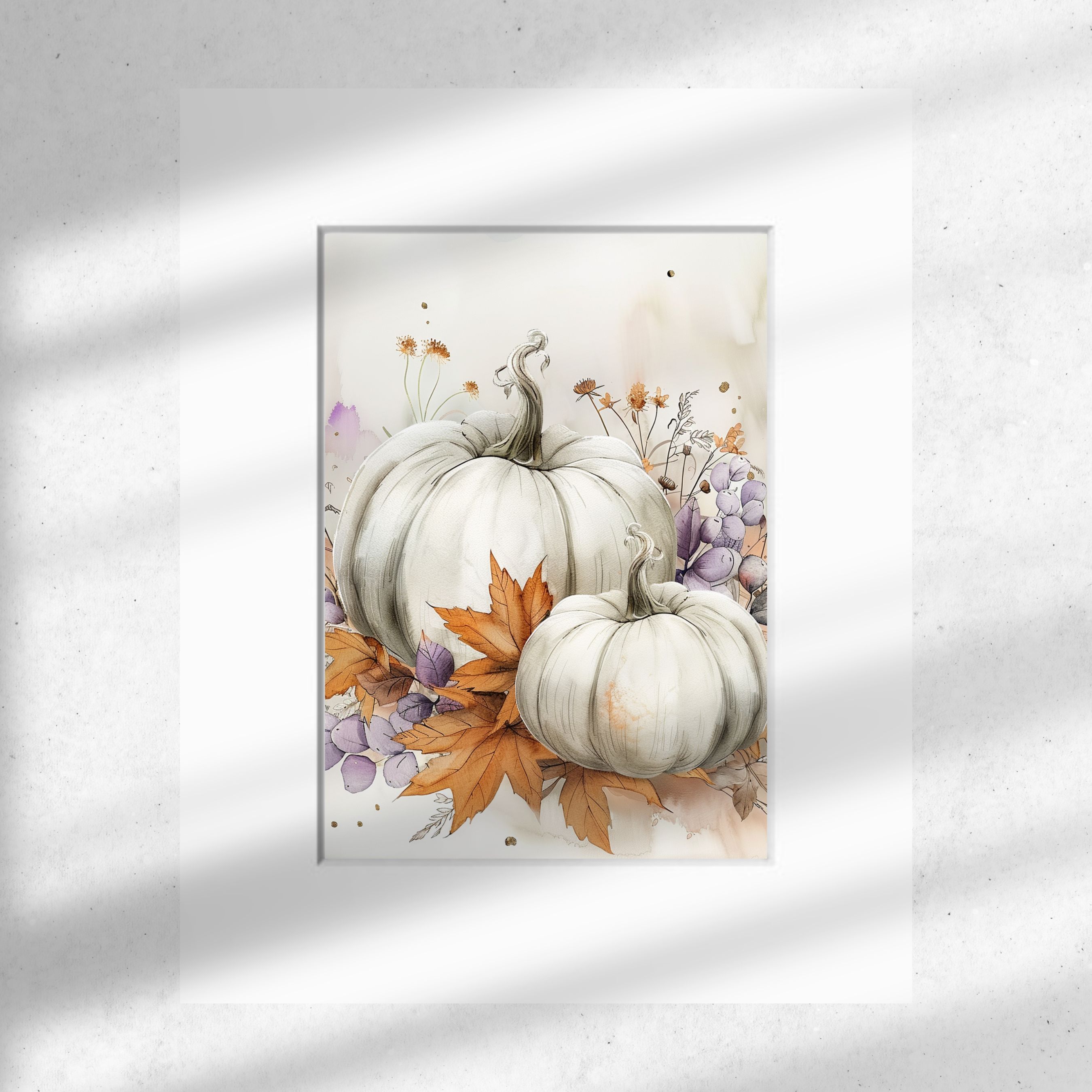White Pumpkins with Autumn Leaves and Purple Foliage, Elegant Fall Watercolor Art, Original Art