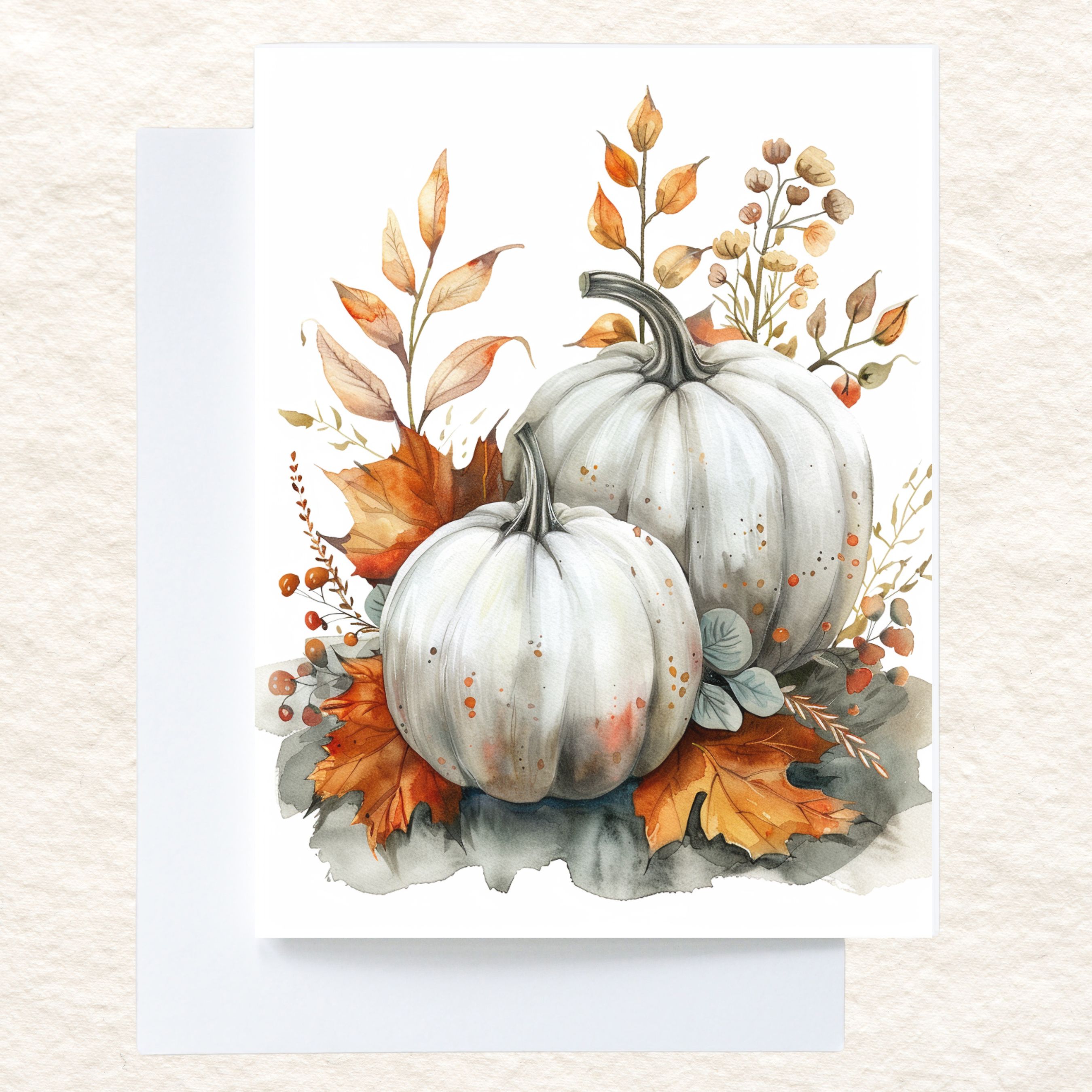 Elegant White Pumpkins Watercolor Card, Fall Greeting, Note Card, Thanksgiving, Autumn Stationery, Halloween Card, All Occasion Cards, Thank You, Invitation, Note Card, Greetings, Birthdays