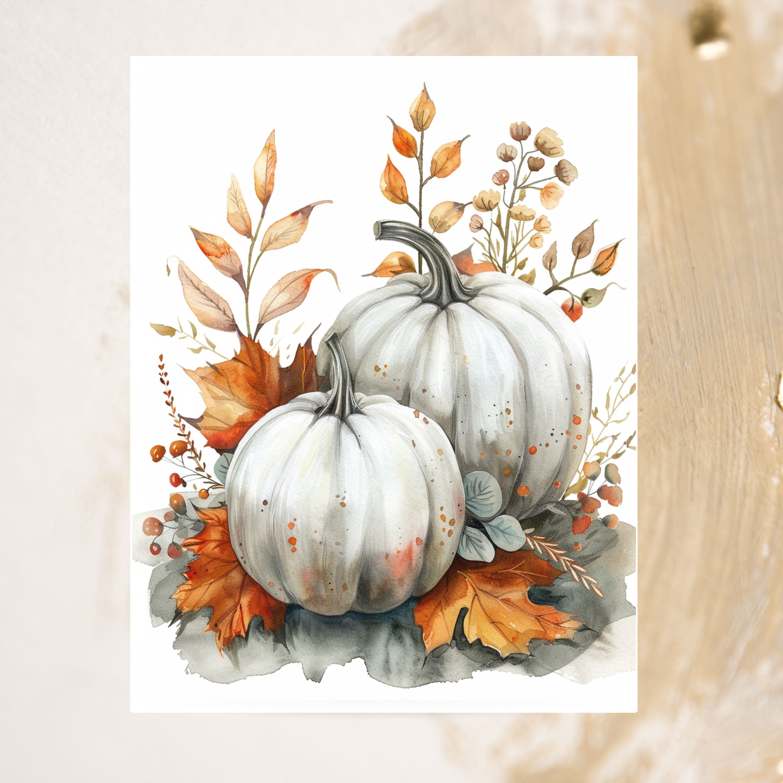 Elegant White Pumpkins Watercolor Card, Fall Greeting, Note Card, Thanksgiving, Autumn Stationery, Halloween Card, All Occasion Cards, Thank You, Invitation, Note Card, Greetings, Birthdays
