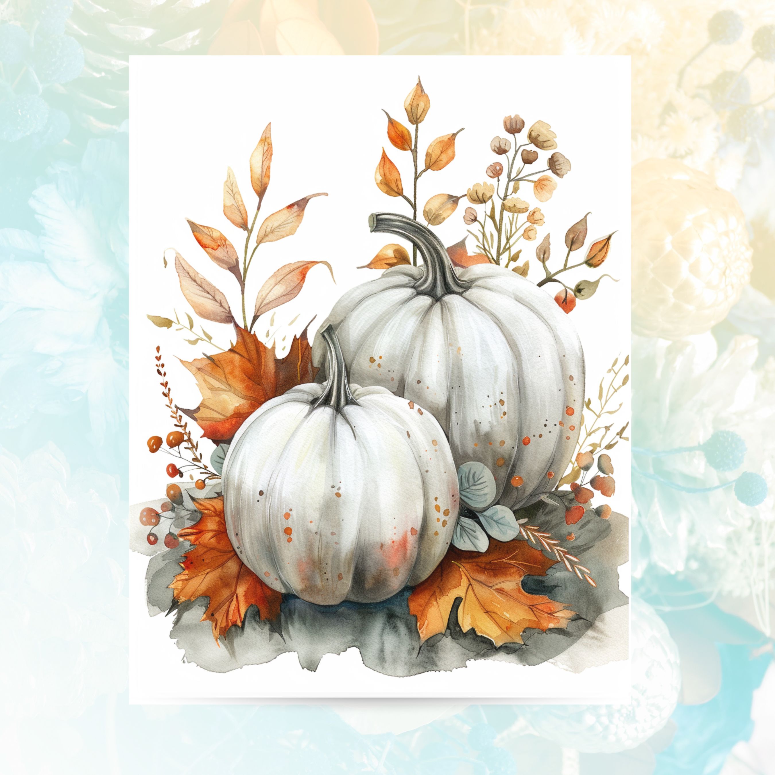 Elegant White Pumpkins Watercolor Card, Fall Greeting, Note Card, Thanksgiving, Autumn Stationery, Halloween Card, All Occasion Cards, Thank You, Invitation, Note Card, Greetings, Birthdays