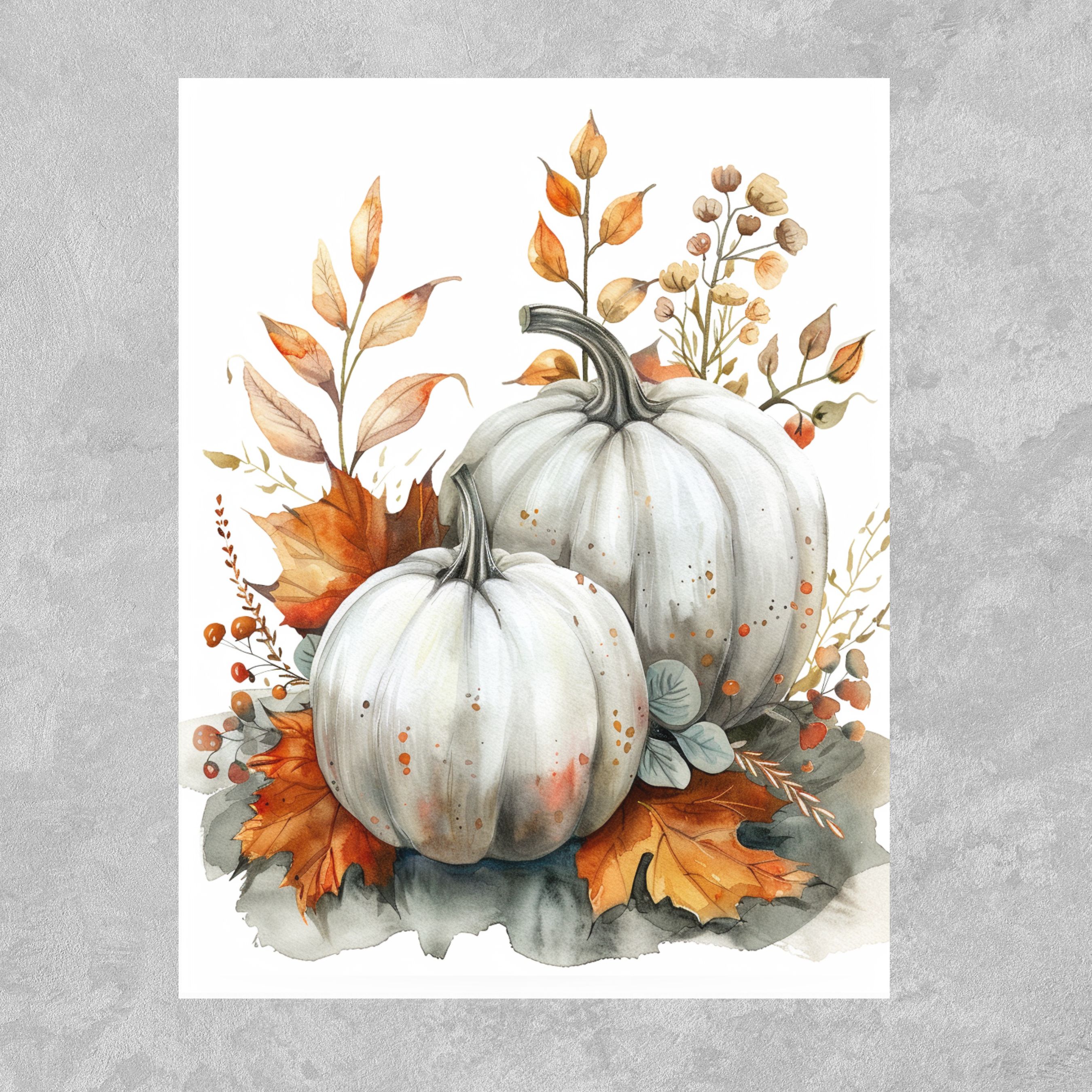 Elegant White Pumpkins Watercolor Card, Fall Greeting, Note Card, Thanksgiving, Autumn Stationery, Halloween Card, All Occasion Cards, Thank You, Invitation, Note Card, Greetings, Birthdays