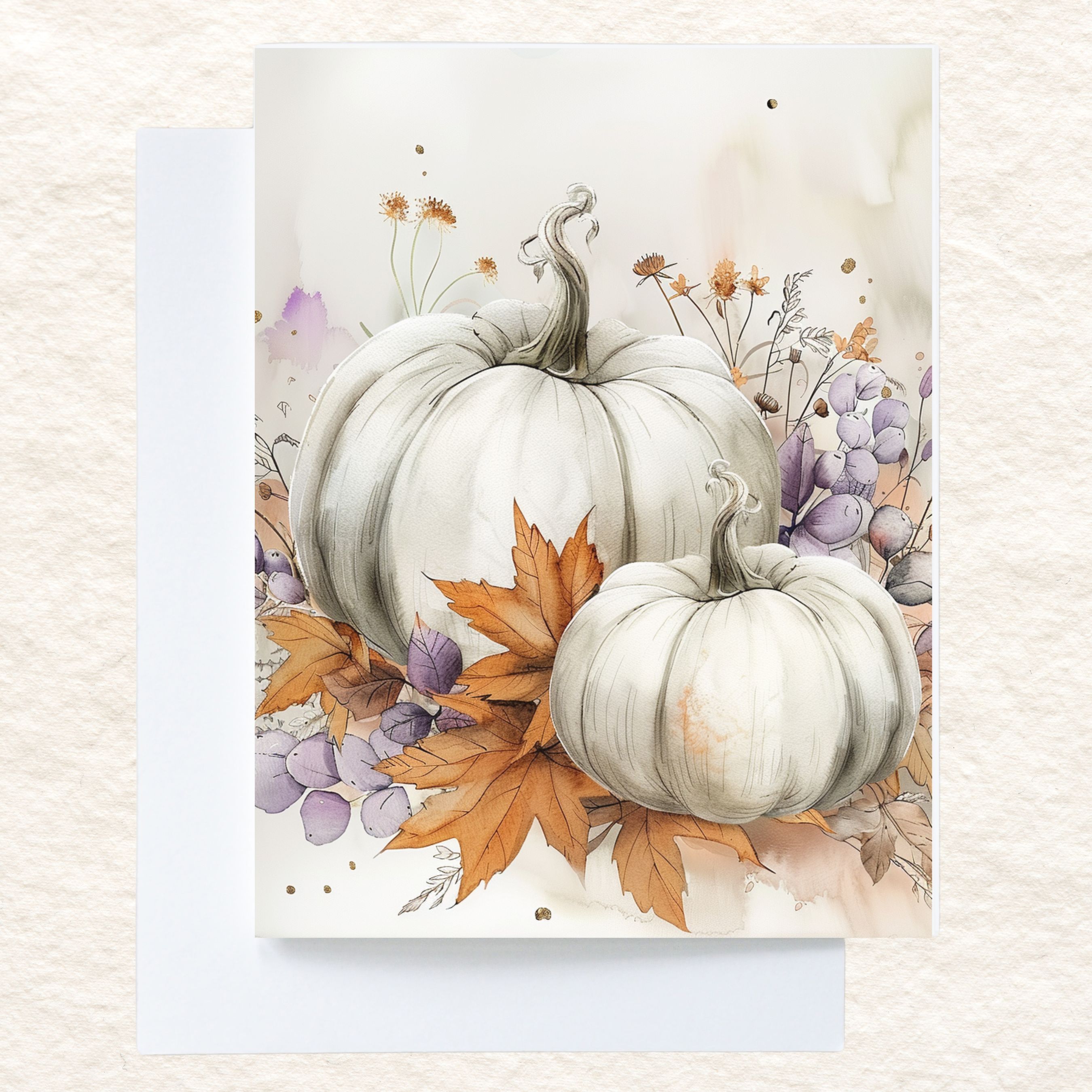 White Pumpkins with Autumn Leaves and Purple Foliage Greeting Card, Fall Greeting, Note Card, Thanksgiving, Autumn Stationery, Halloween Card, All Occasion Cards, Thank You, Invitation, Note Card, Greetings, Birthdays