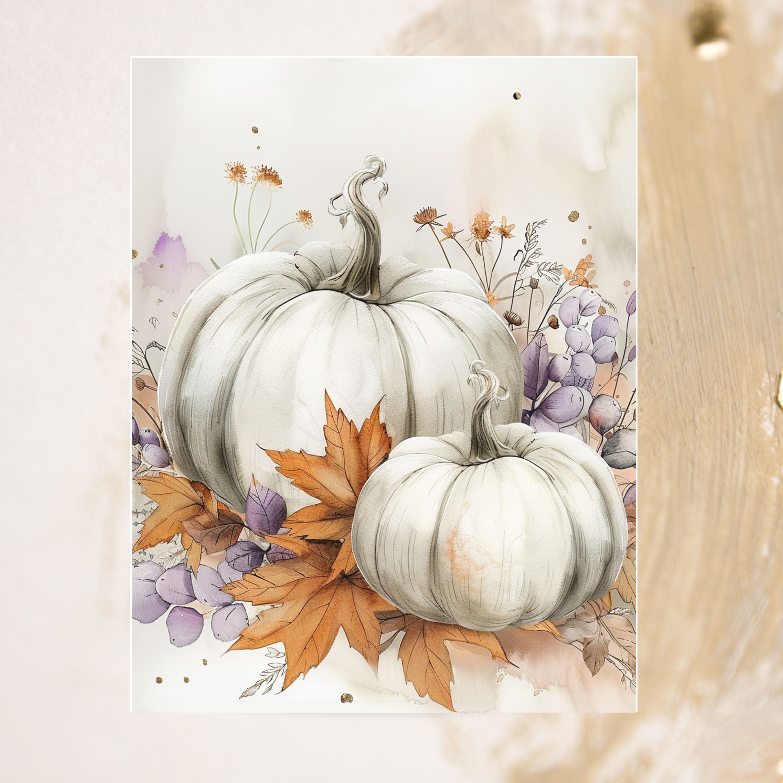 White Pumpkins with Autumn Leaves and Purple Foliage Greeting Card, Fall Greeting, Note Card, Thanksgiving, Autumn Stationery, Halloween Card, All Occasion Cards, Thank You, Invitation, Note Card, Greetings, Birthdays