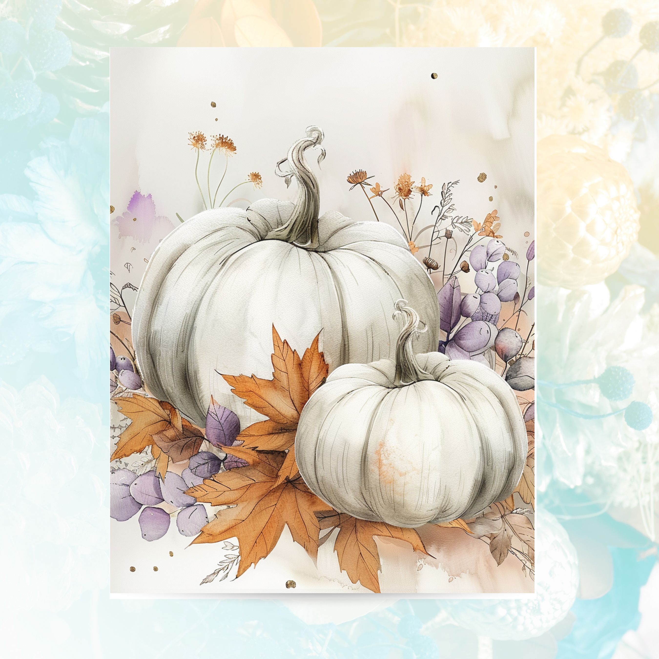 White Pumpkins with Autumn Leaves and Purple Foliage Greeting Card, Fall Greeting, Note Card, Thanksgiving, Autumn Stationery, Halloween Card, All Occasion Cards, Thank You, Invitation, Note Card, Greetings, Birthdays