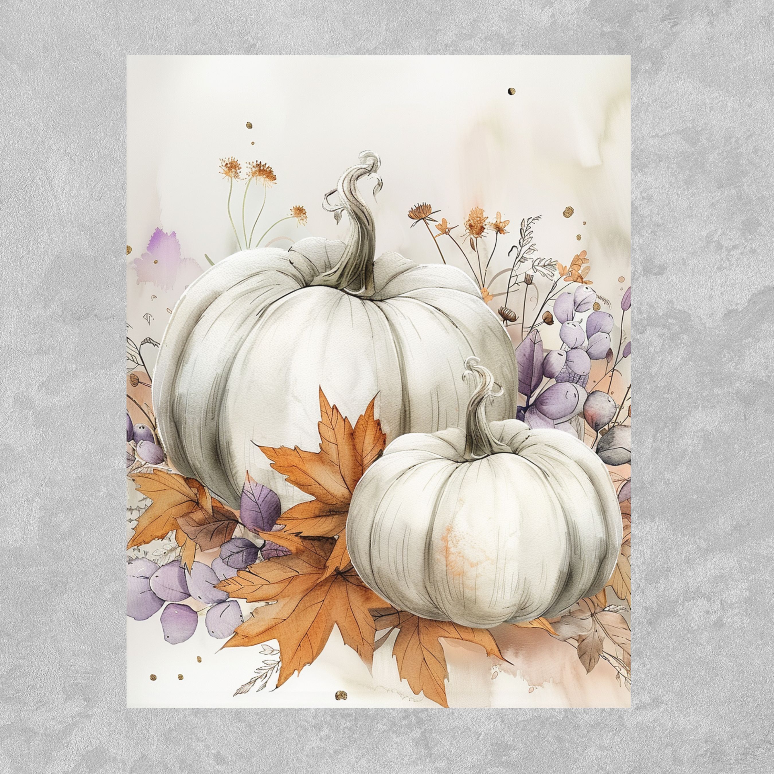 White Pumpkins with Autumn Leaves and Purple Foliage Greeting Card, Fall Greeting, Note Card, Thanksgiving, Autumn Stationery, Halloween Card, All Occasion Cards, Thank You, Invitation, Note Card, Greetings, Birthdays