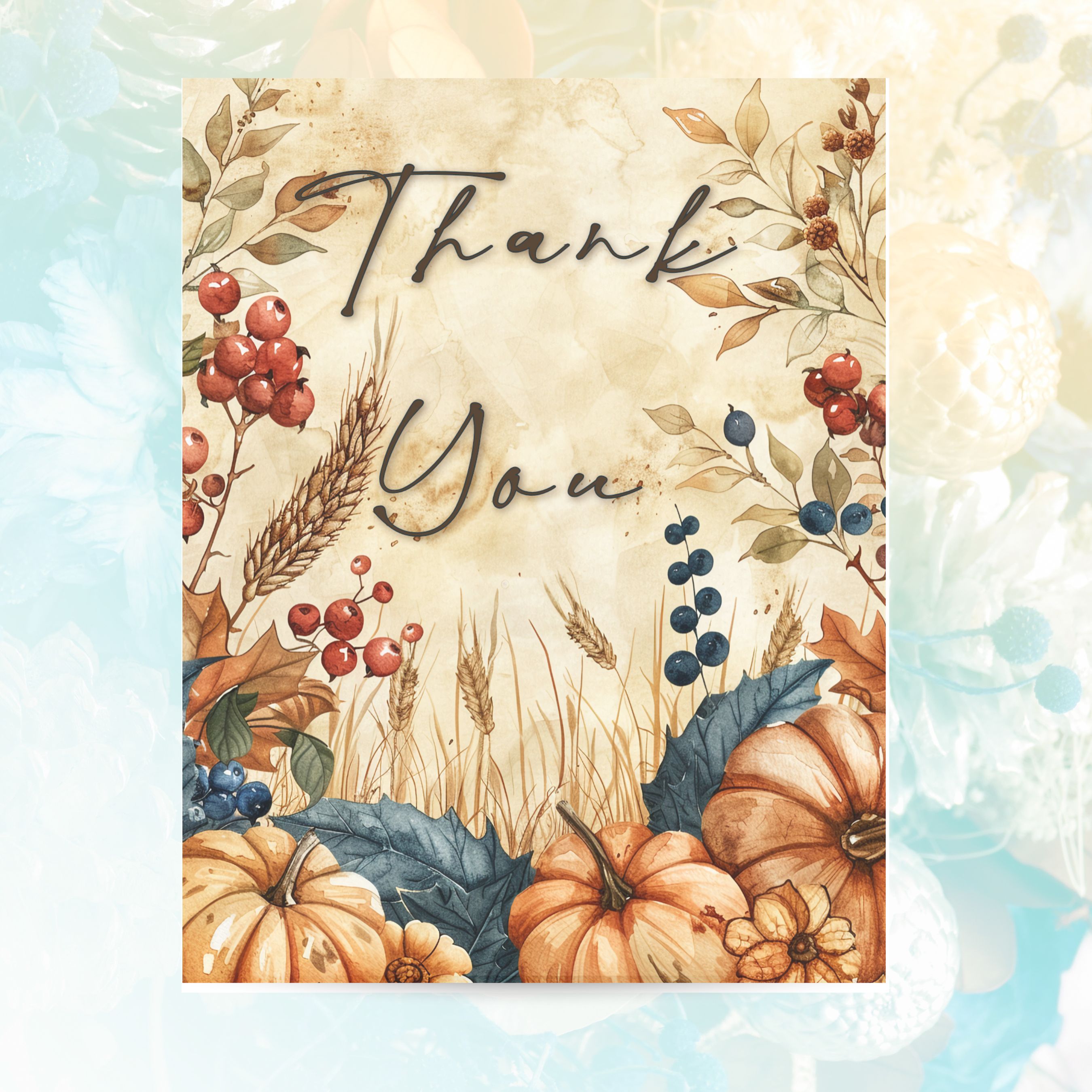 Harvest Thank You Card Set, Cursive Text, Fall Autumnal Cards, 10 Pack or 20 Pack, Thanksgiving Greeting Cards, All Occasion, Handmade Cards