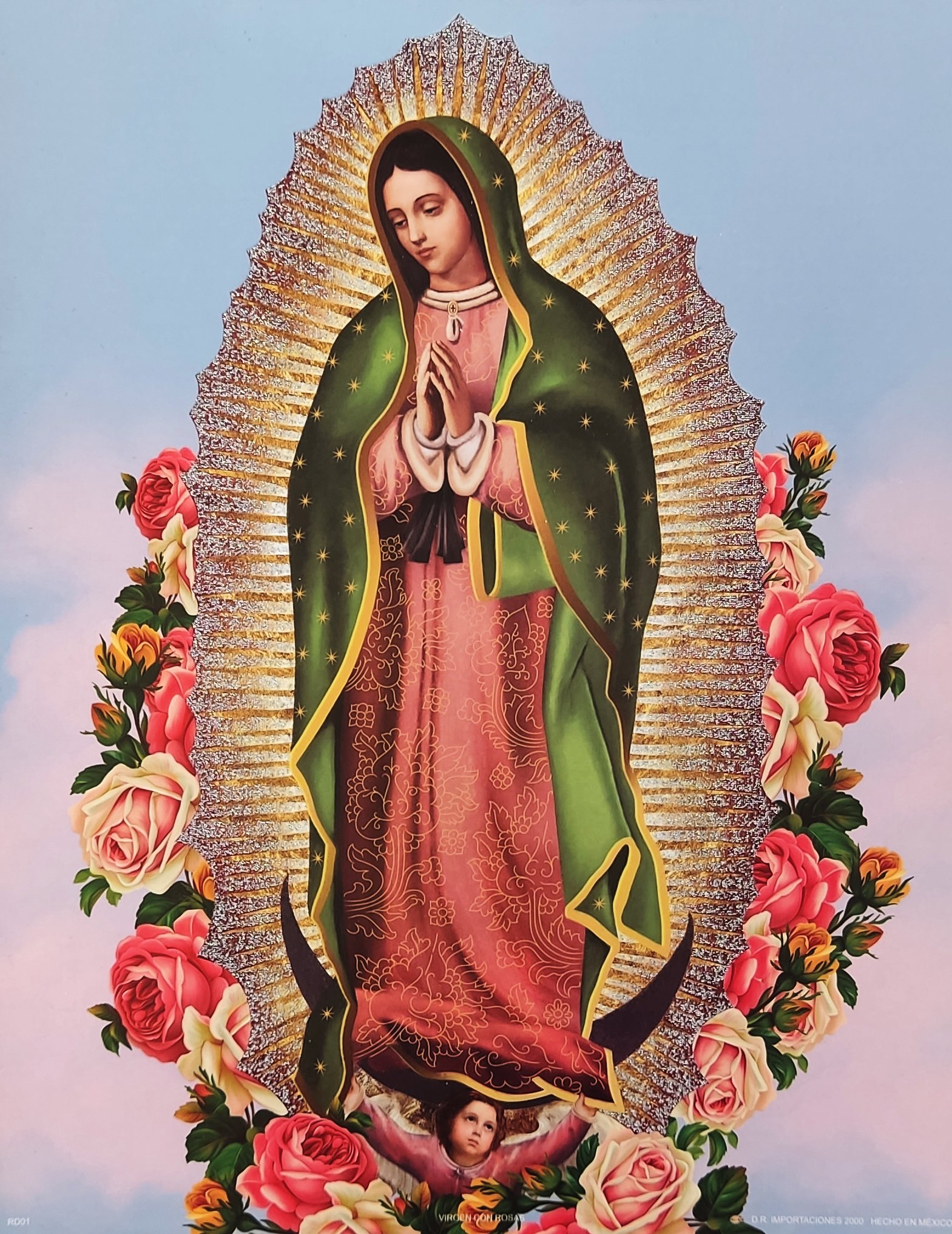 LITOGRAFÍA EN FILO DE ORO VIRGEN CON ROSAS
