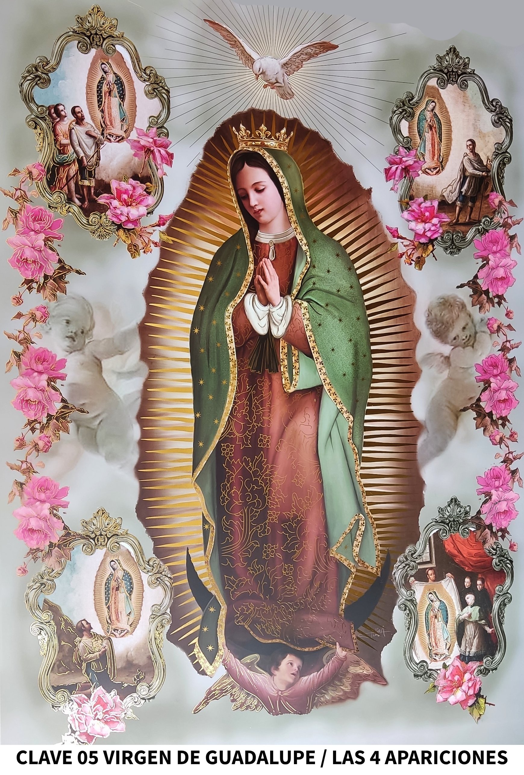 LITOGRAFÍA EN FILO DE ORO VIRGEN DE GUADALUPE LAS CUATRO APARICIONES