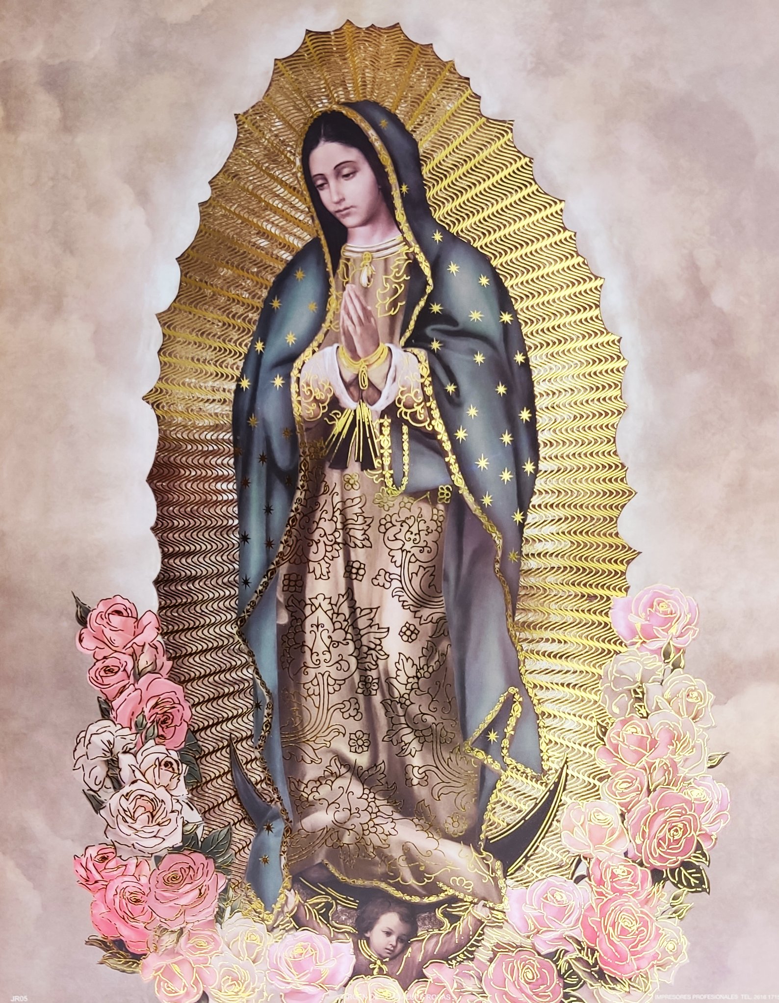 LITOGRAFÍA EN FILO DE ORO VIRGEN DE GUADALUPE ROSAS
