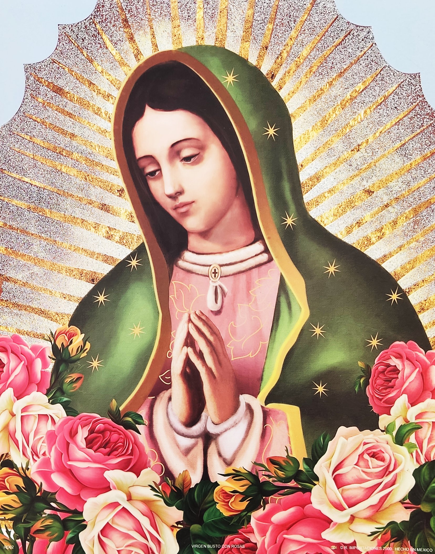 LITOGRAFÍA EN FILO DE ORO VIRGEN BUSTO CON ROSAS
